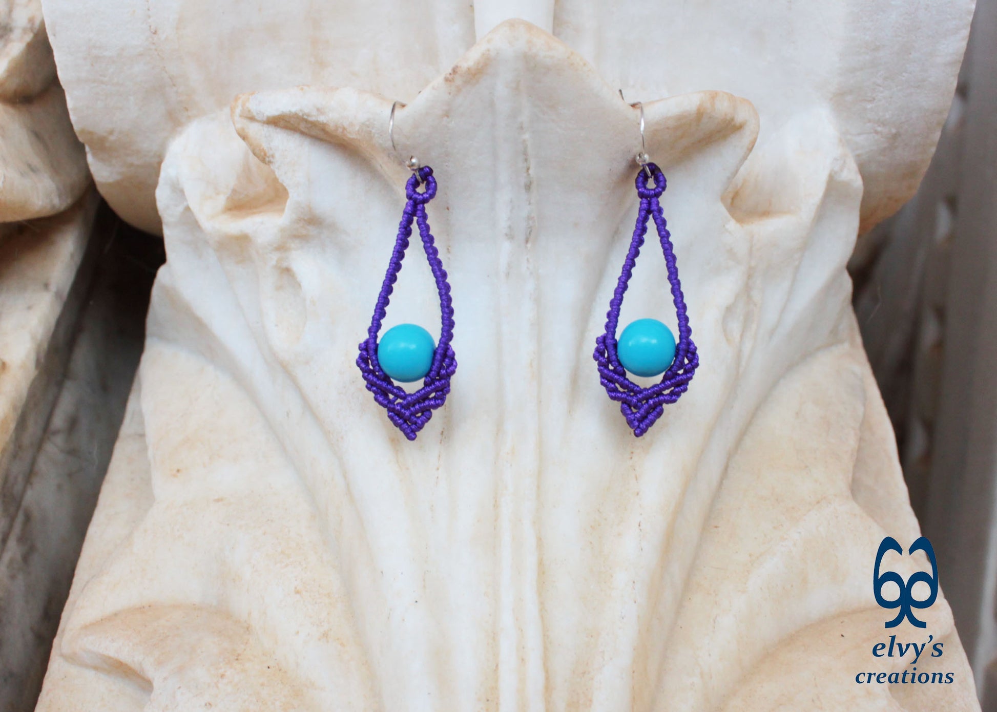 Purple Macrame Earrings Handmade Silver Earrings with Turquoise Gemstones