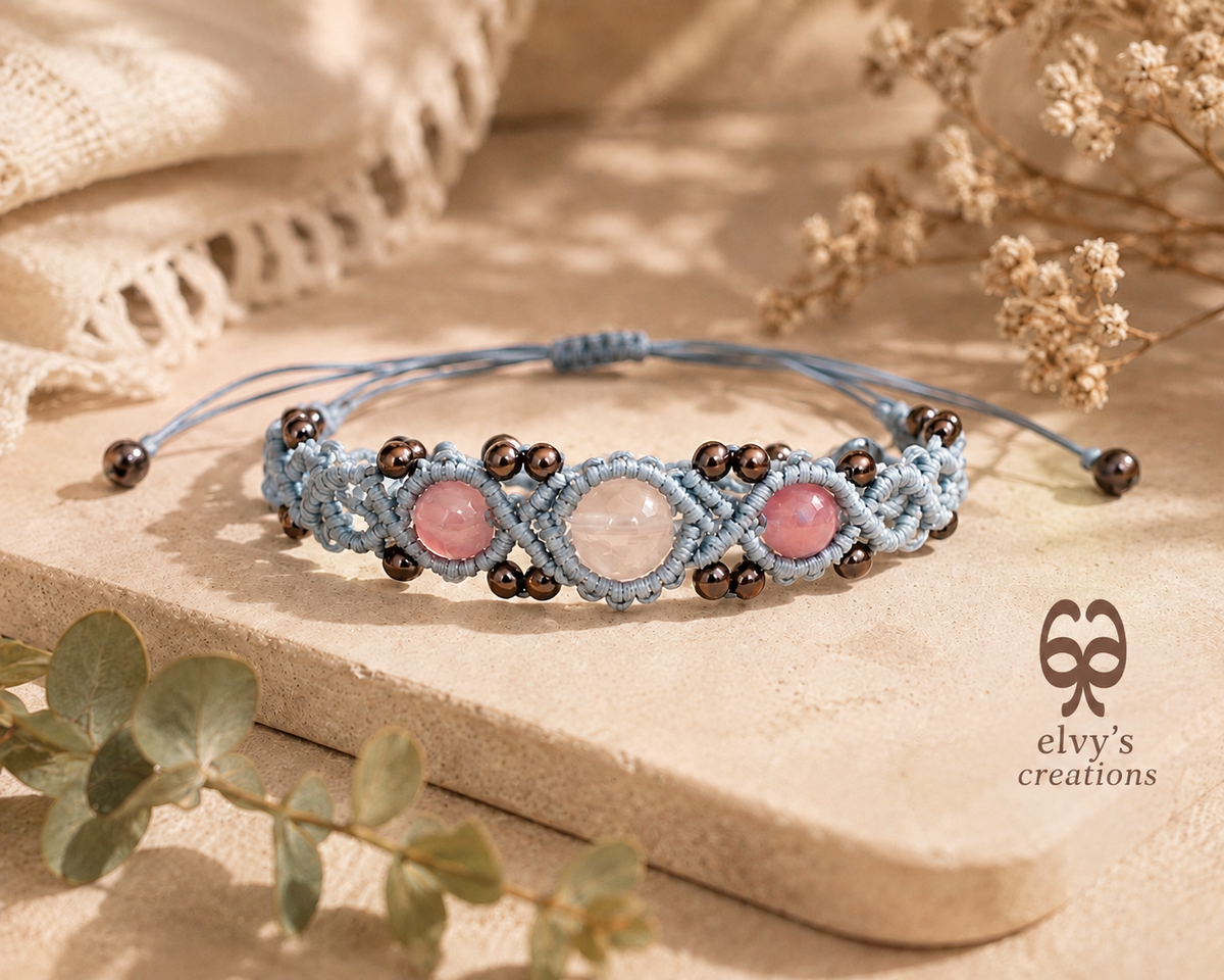 Light Blue Beaded Macrame Cuff Bracelet With White and Blue Quartz and Gray Hematite Gemstones Bracelet Gift for her Bracelet with Quartz and Gray Hematite Gemstones
