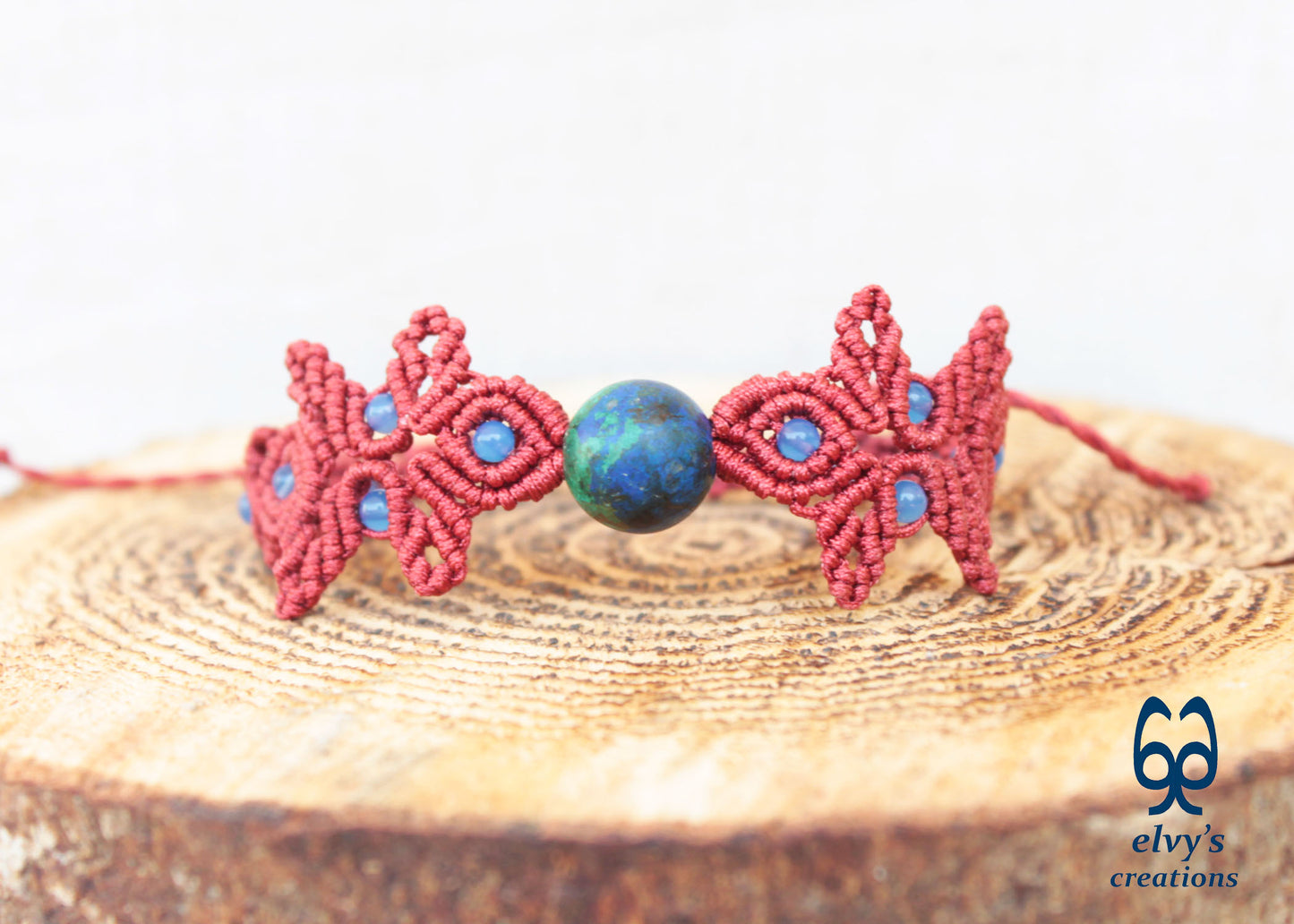 Handmade Red Macrame Bracelet with Azurite Adjustable Boho Cuff 