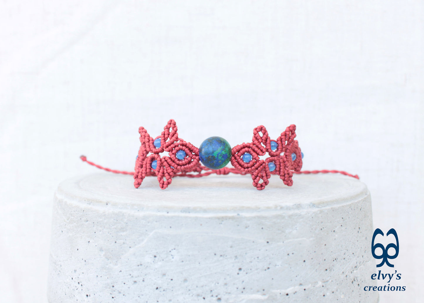 Handmade Red Macrame Bracelet with Azurite Adjustable Boho Cuff 