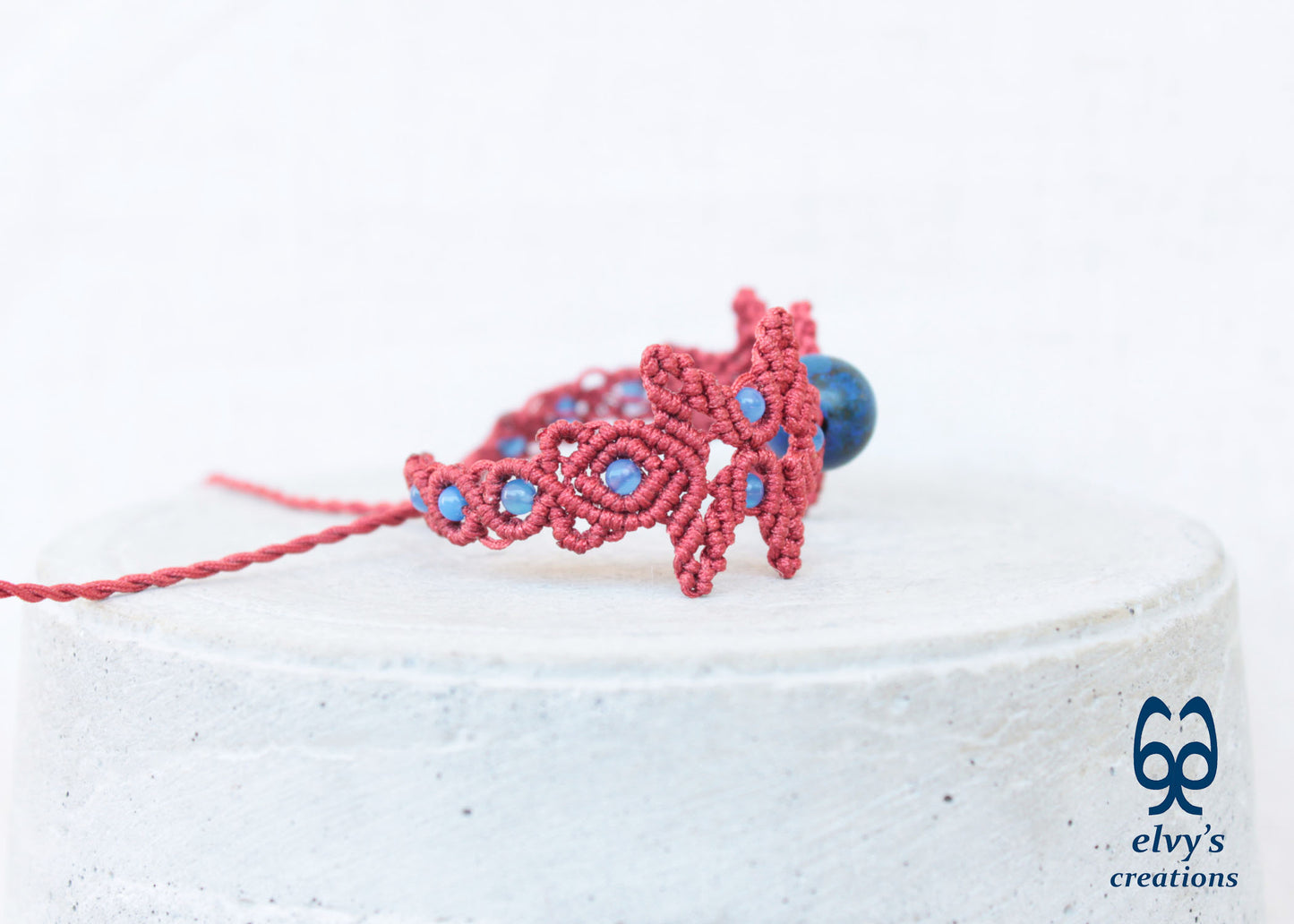 Handmade Red Macrame Bracelet with Azurite Adjustable Boho Cuff 