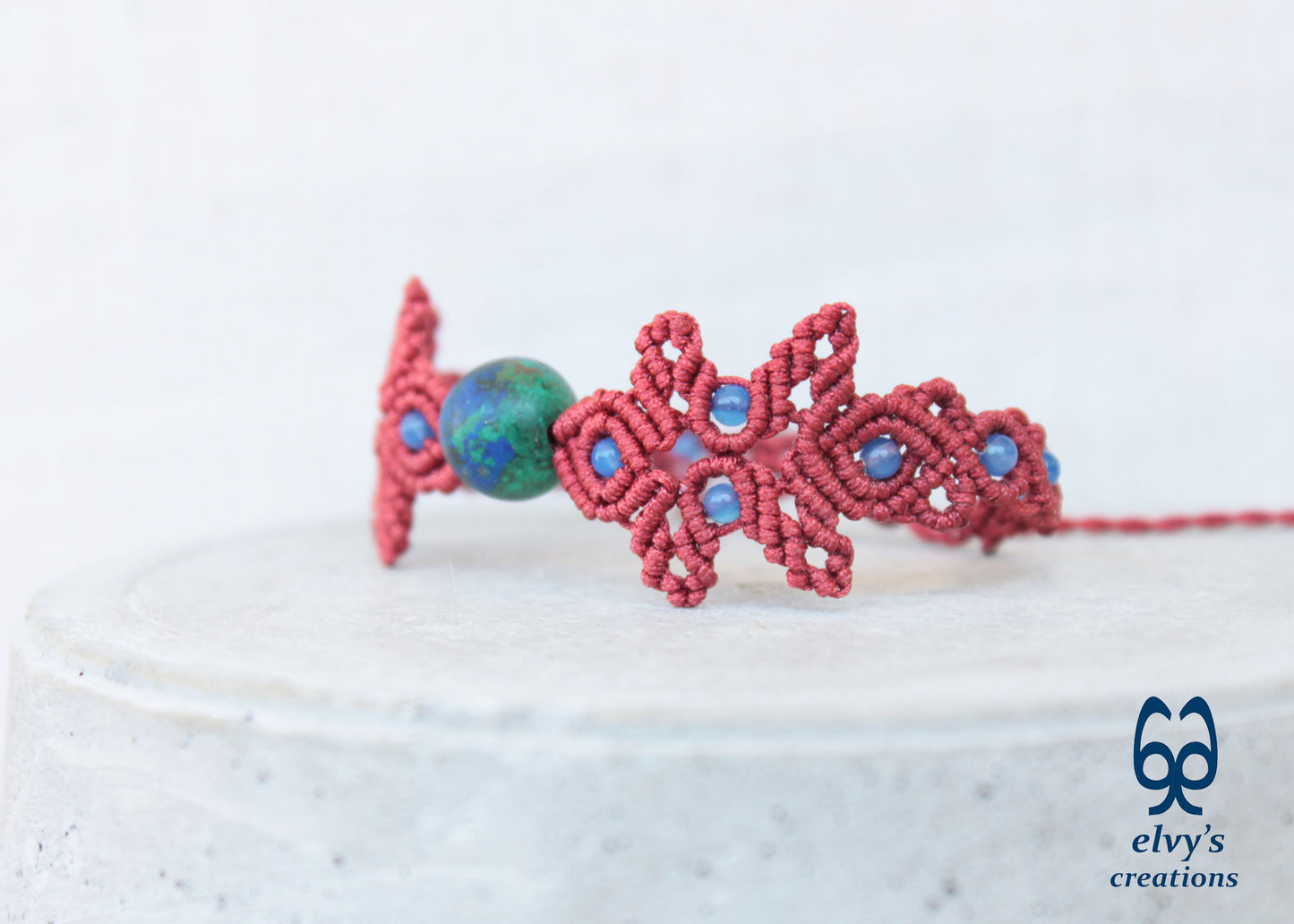 Handmade Red Macrame Bracelet with Azurite Adjustable Boho Cuff 