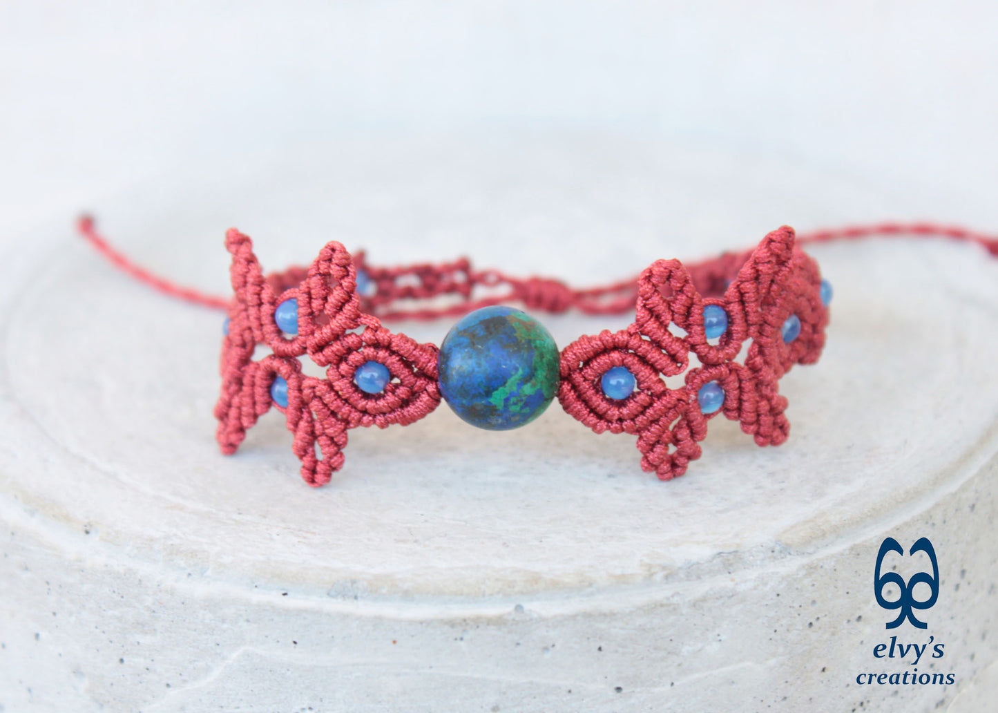 Handmade Red Macrame Bracelet with Azurite Adjustable Boho Cuff 