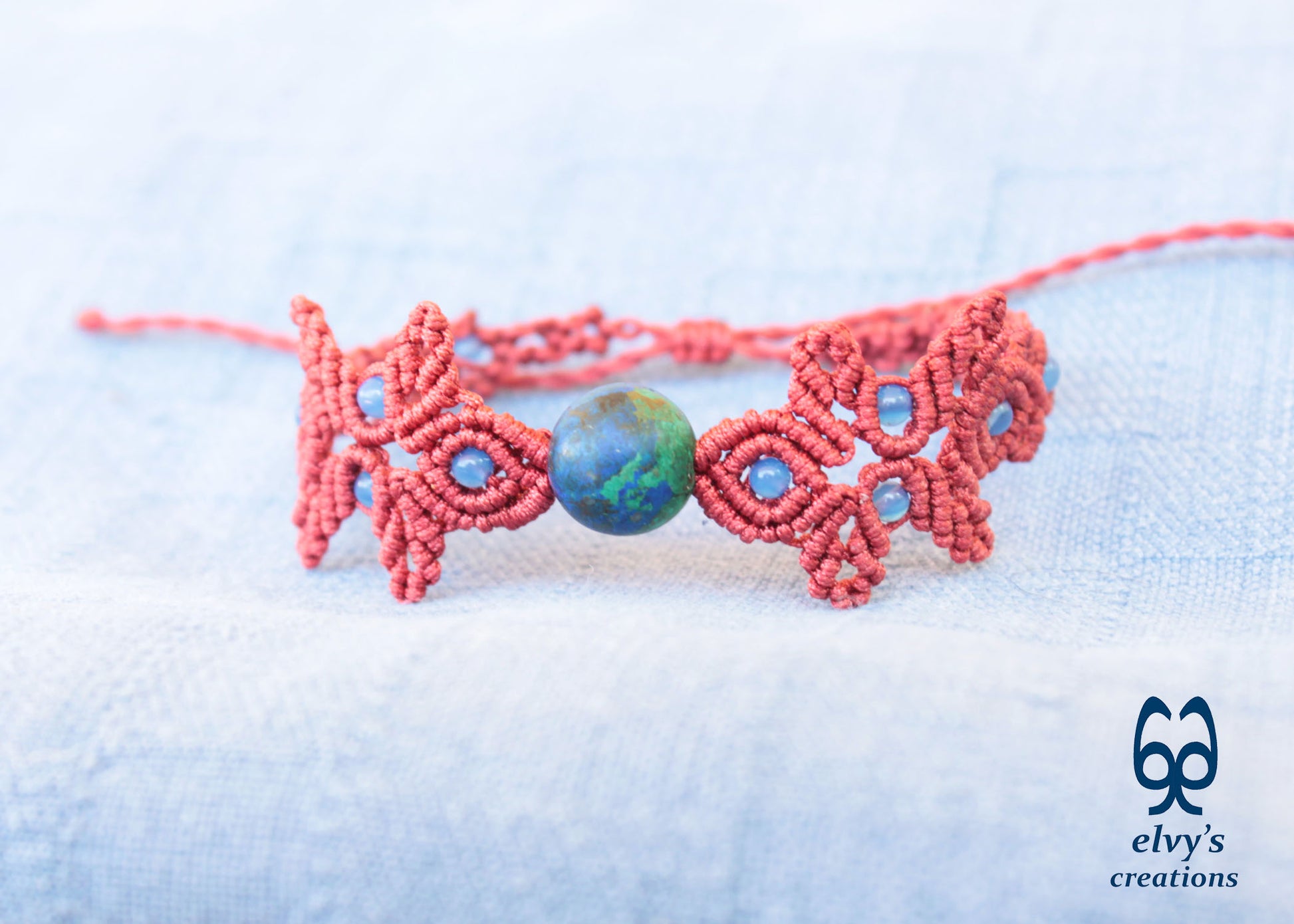 Handmade Red Macrame Bracelet with Azurite Adjustable Boho Cuff 