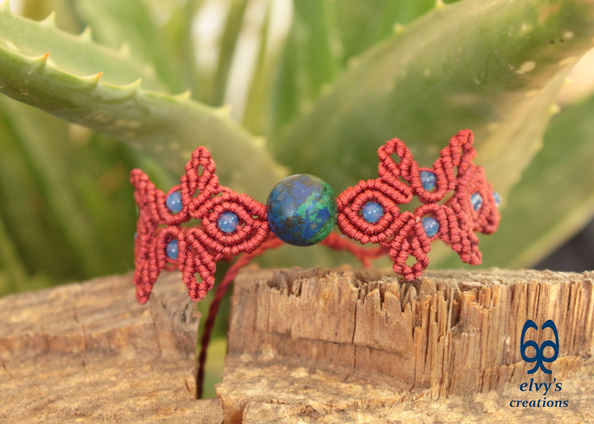 Handmade Red Macrame Bracelet with Azurite Adjustable Boho Cuff 