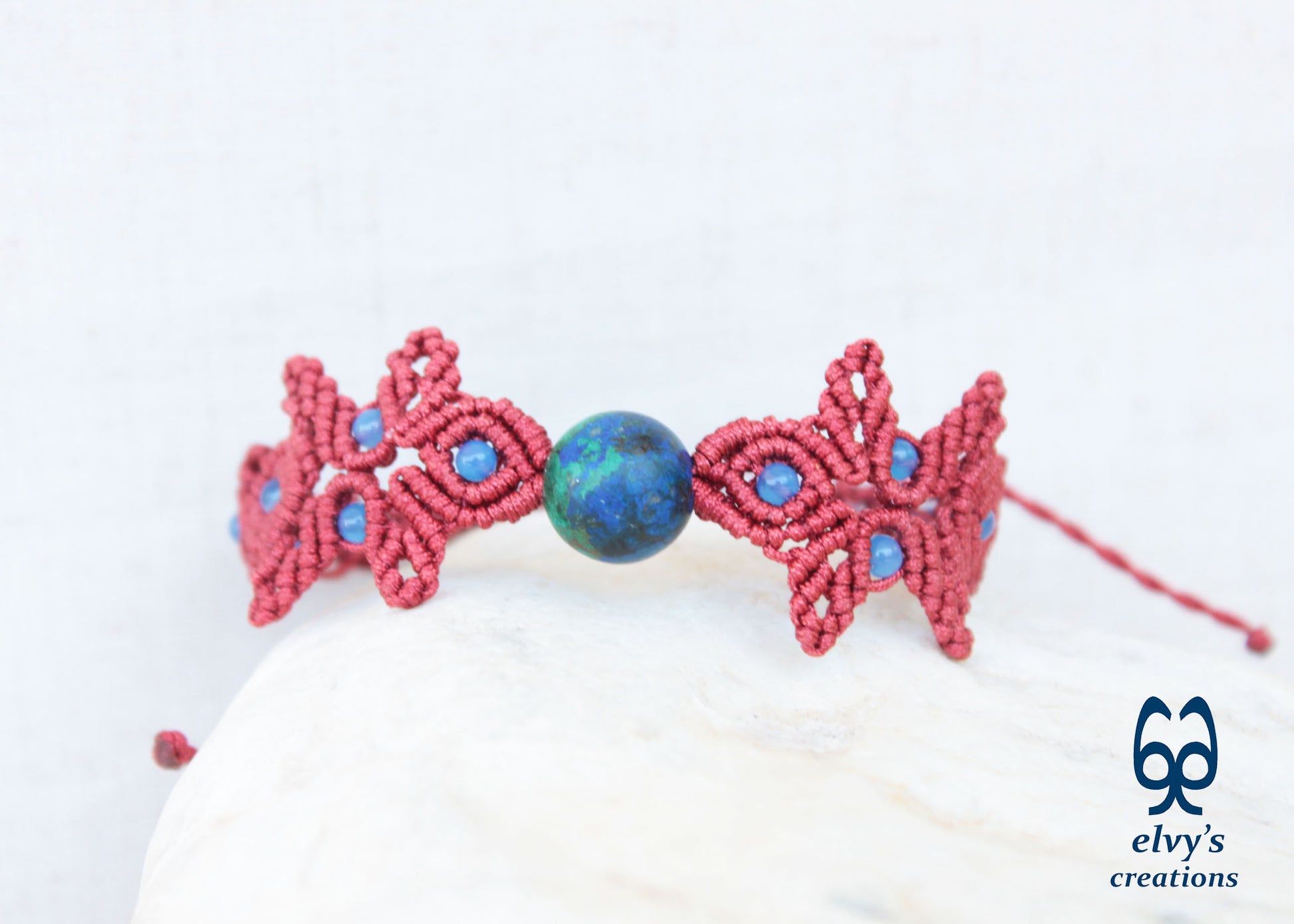 Handmade Red Macrame Bracelet with Azurite Adjustable Boho Cuff 