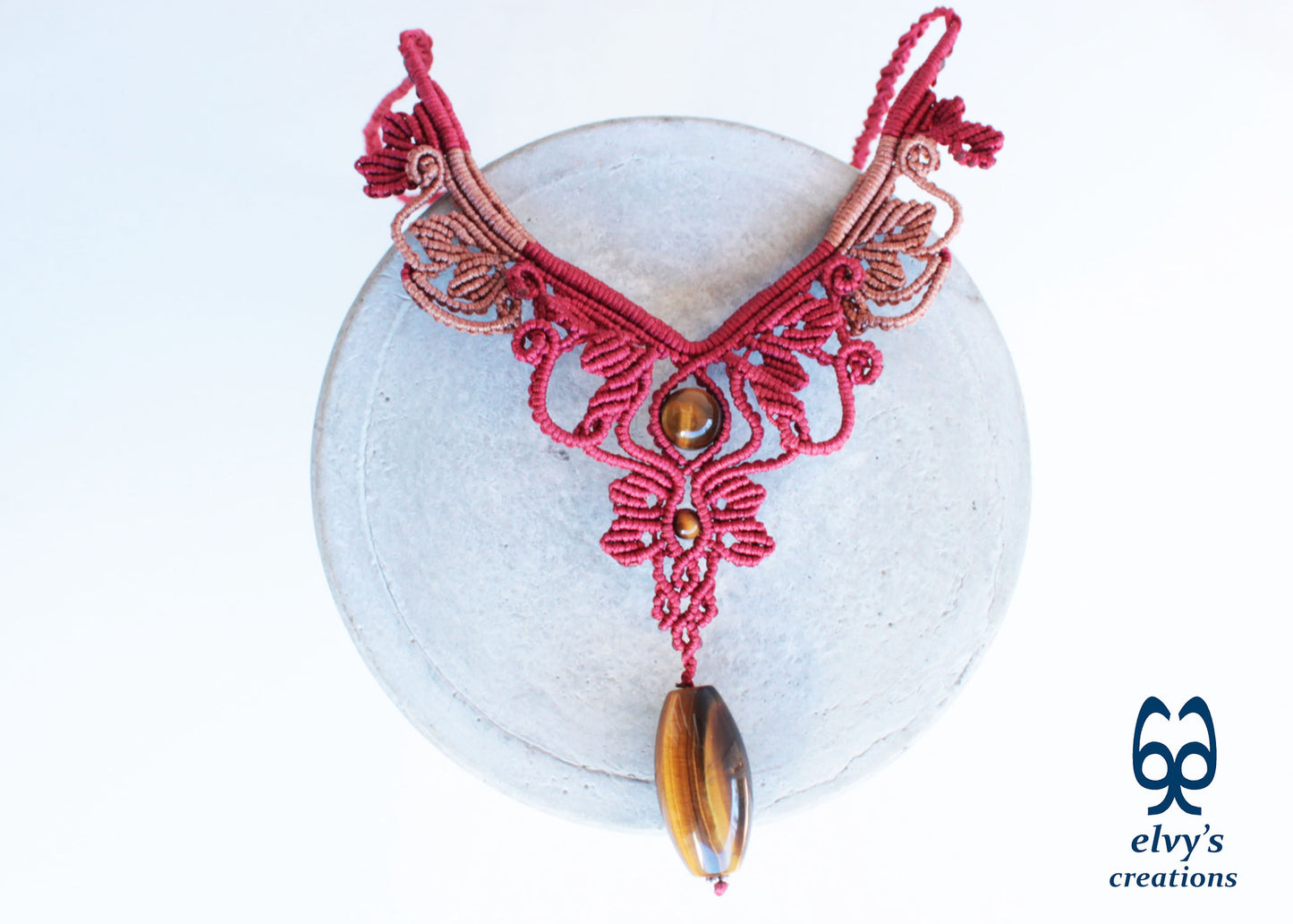 Red and Beige Macrame Necklace Handmade Macrame with Tiger Eye Gemstones