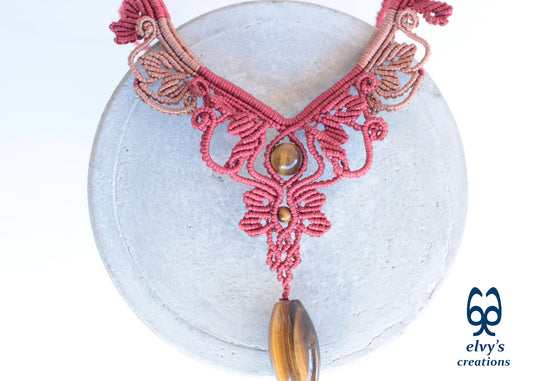 Red and Beige Macrame Necklace Handmade Macrame with Tiger Eye Gemstones