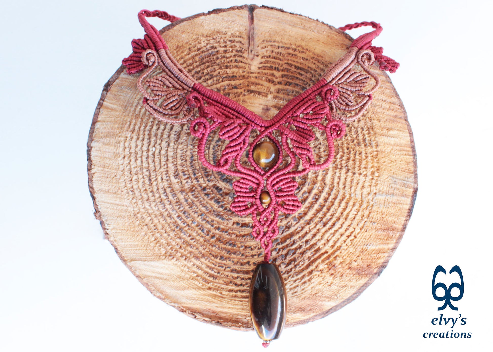 Red and Beige Macrame Necklace Handmade Macrame with Tiger Eye Gemstones