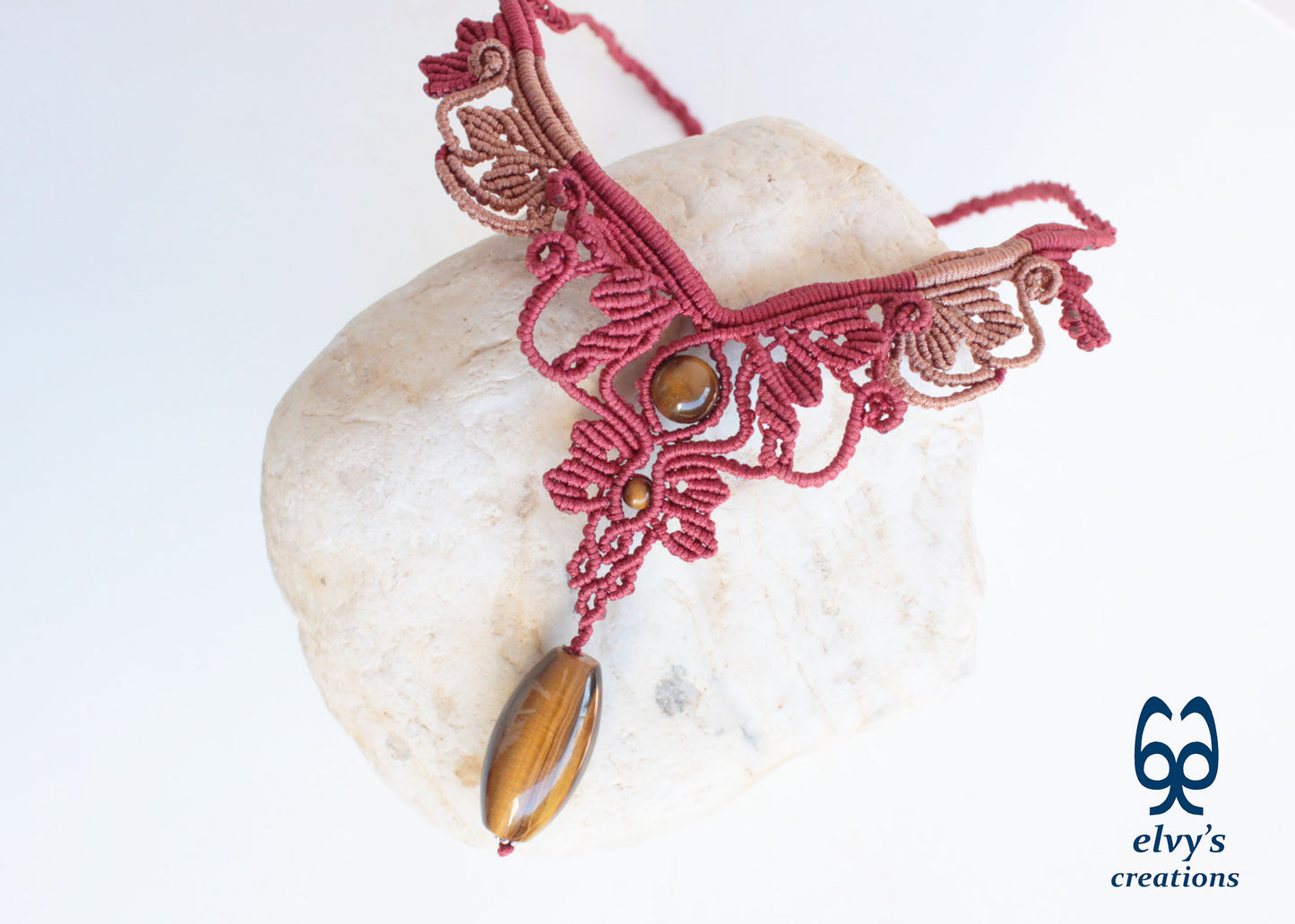 Red and Beige Macrame Necklace Handmade Macrame with Tiger Eye Gemstones
