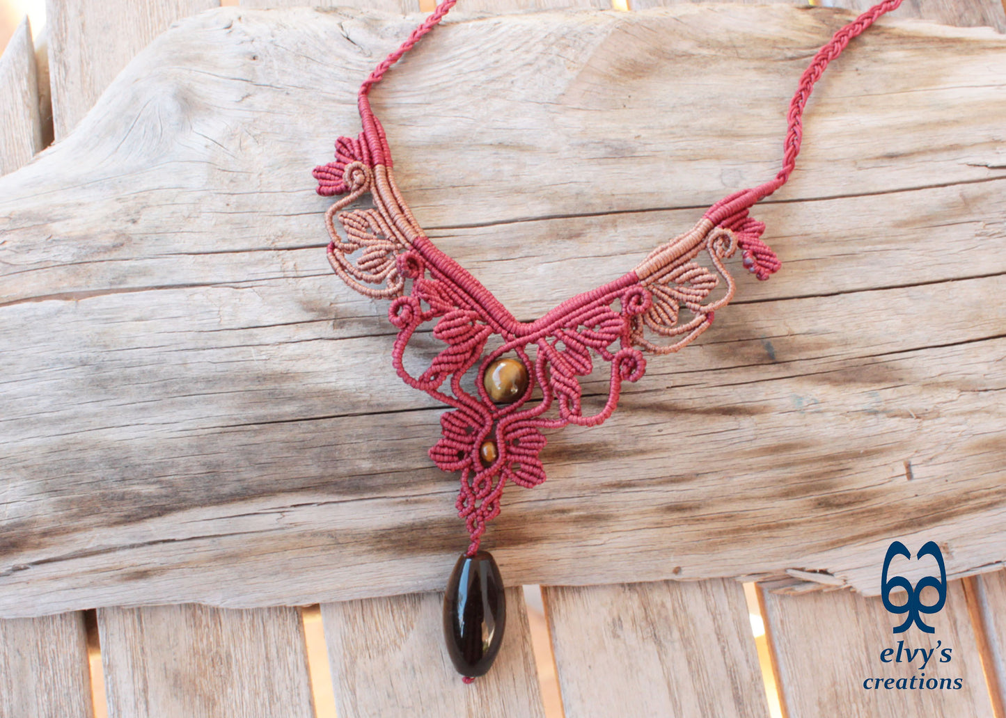 Red and Beige Macrame Necklace Handmade Macrame with Tiger Eye Gemstones