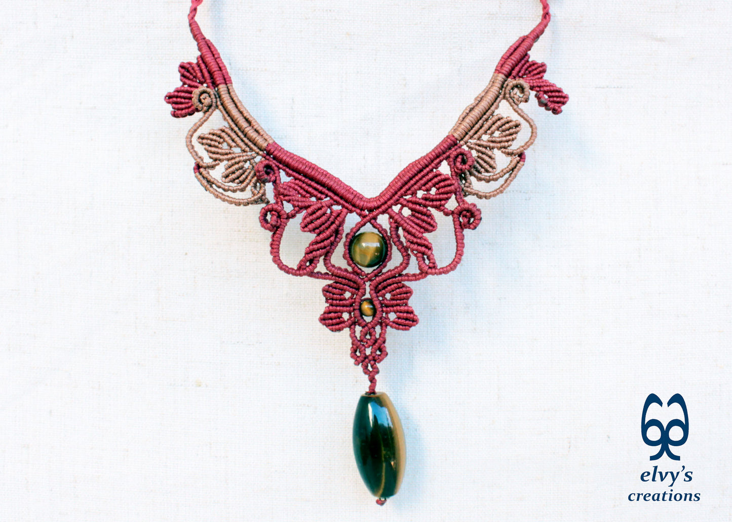 Red and Beige Macrame Necklace Handmade Macrame with Tiger Eye Gemstones