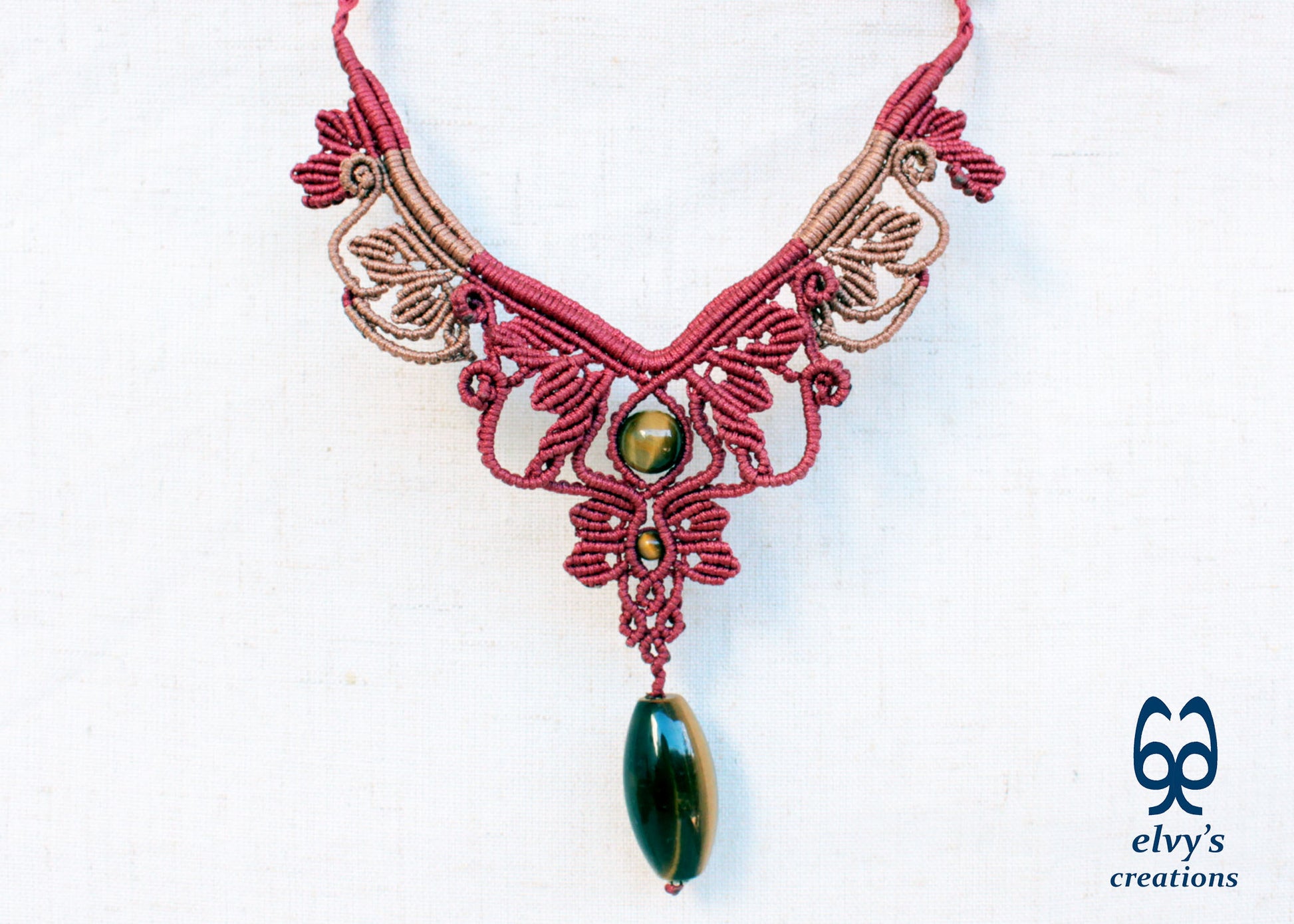 Red and Beige Macrame Necklace Handmade Macrame with Tiger Eye Gemstones