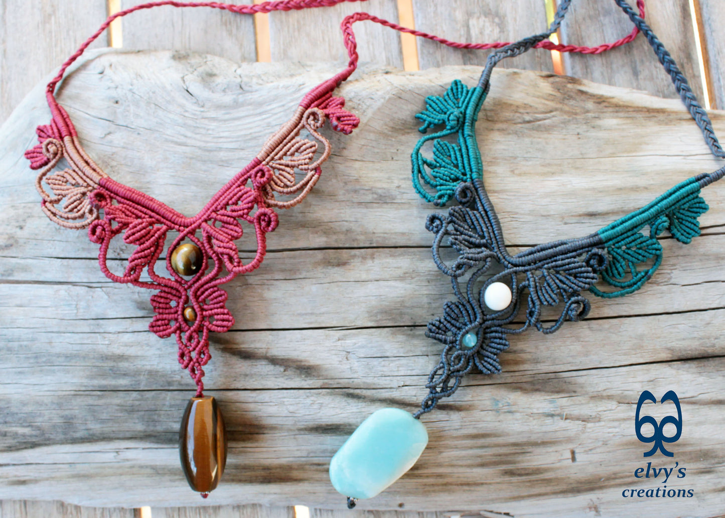 Red and Beige Macrame Necklace Handmade Macrame with Tiger Eye Gemstones