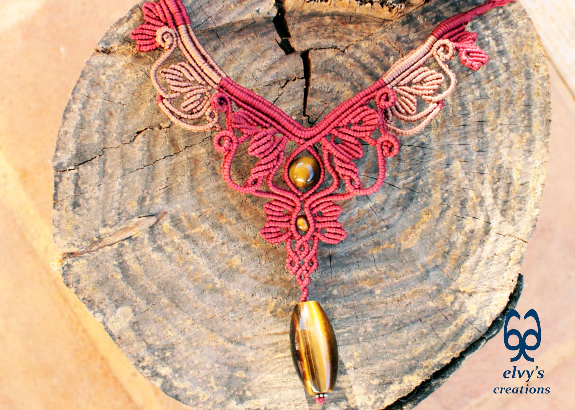 Red and Beige Macrame Necklace Handmade Macrame with Tiger Eye Gemstones