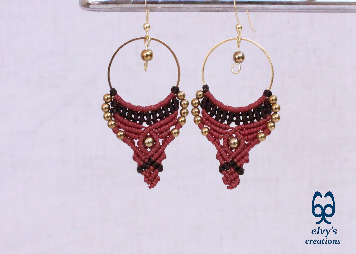 Red and Black Macrame Earrings Gold Hematite Gemstones Hoop Earrings
