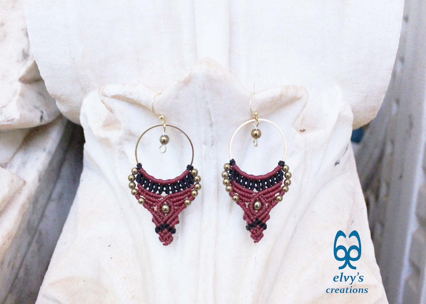 Red and Black Macrame Earrings Gold Hematite Gemstones Hoop Earrings