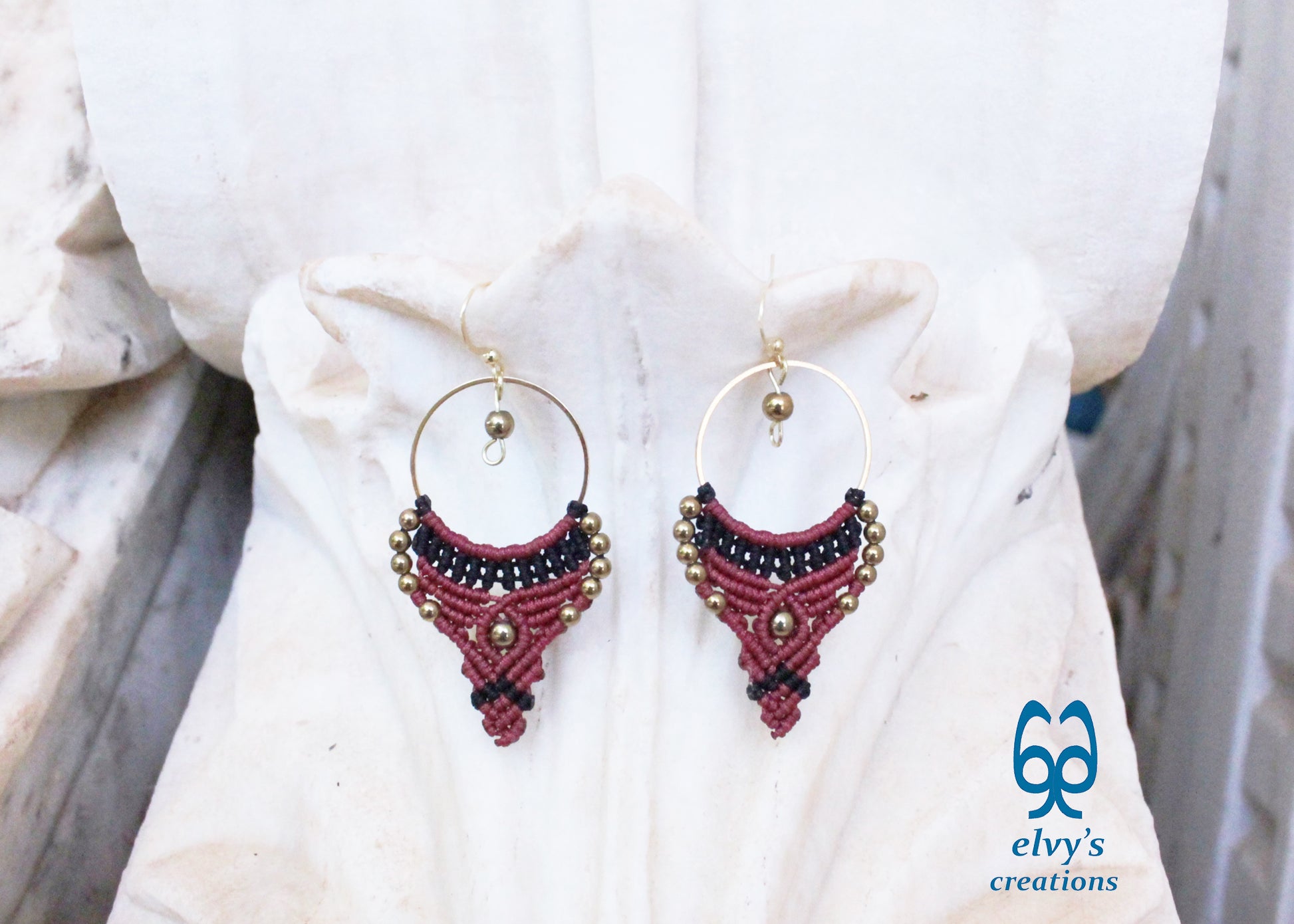 Red and Black Macrame Earrings Gold Hematite Gemstones Hoop Earrings