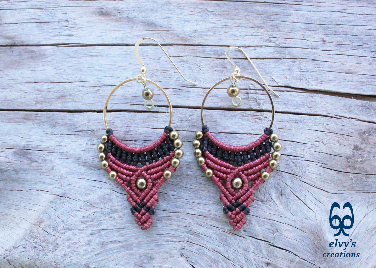 Red and Black Macrame Earrings Gold Hematite Gemstones Hoop Earrings