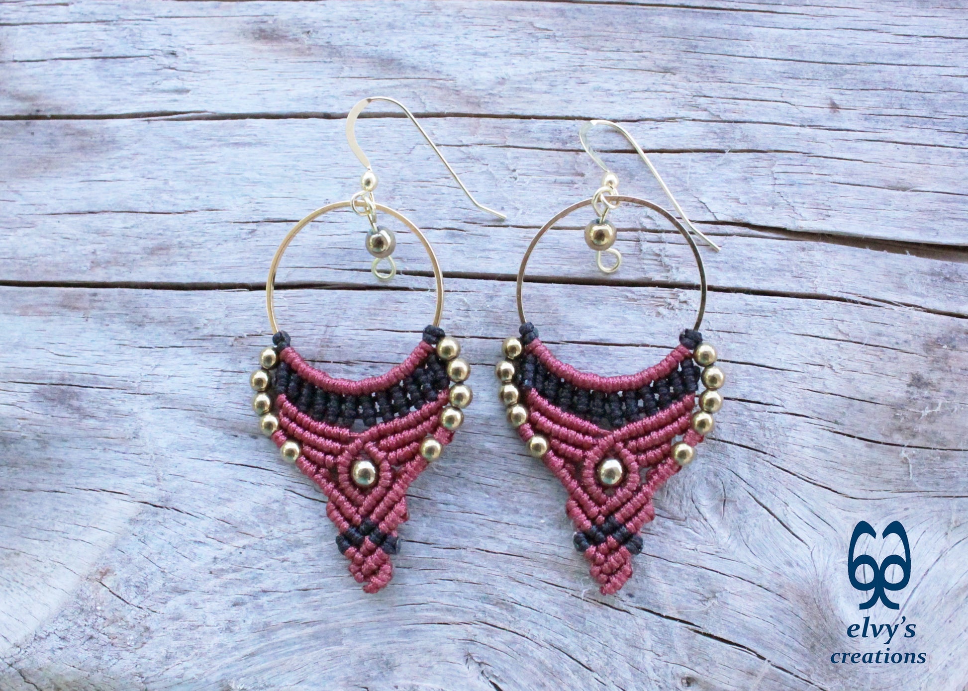 Red and Black Macrame Earrings Gold Hematite Gemstones Hoop Earrings
