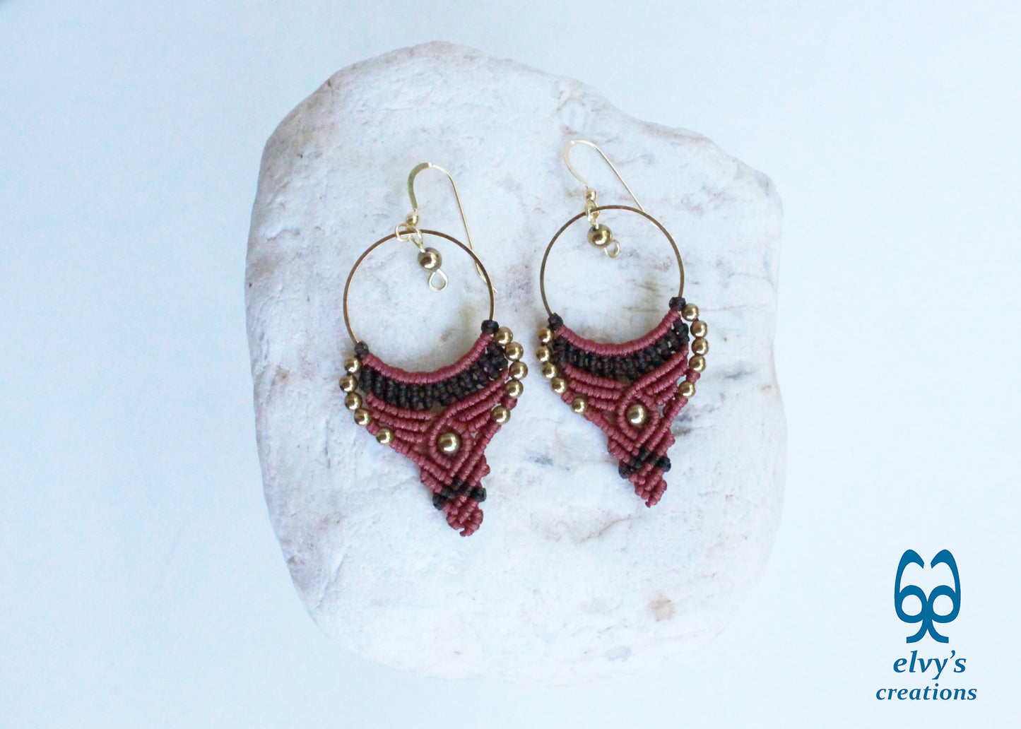 Red and Black Macrame Earrings Gold Hematite Gemstones Hoop Earrings