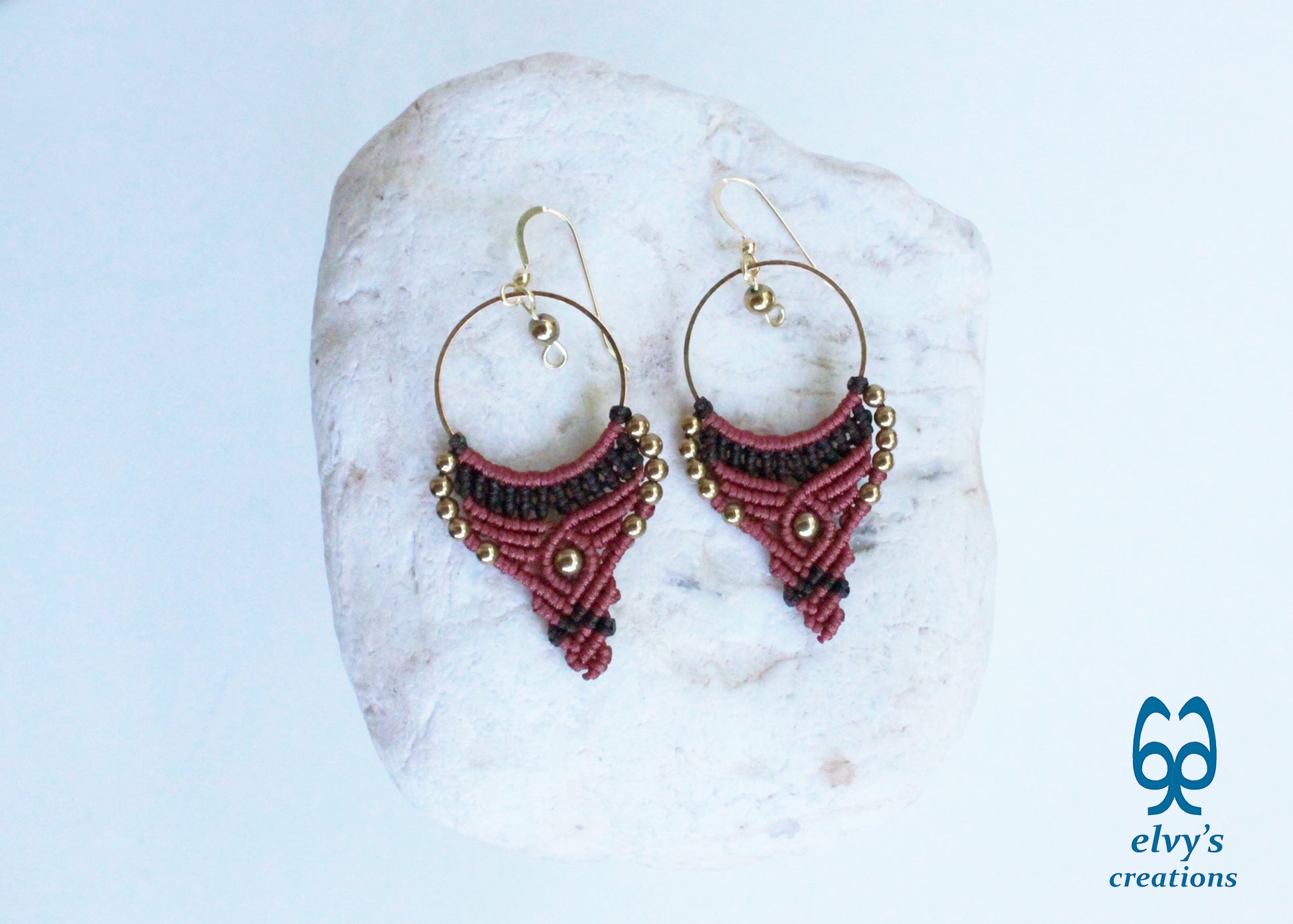 Red and Black Macrame Earrings Gold Hematite Gemstones Hoop Earrings