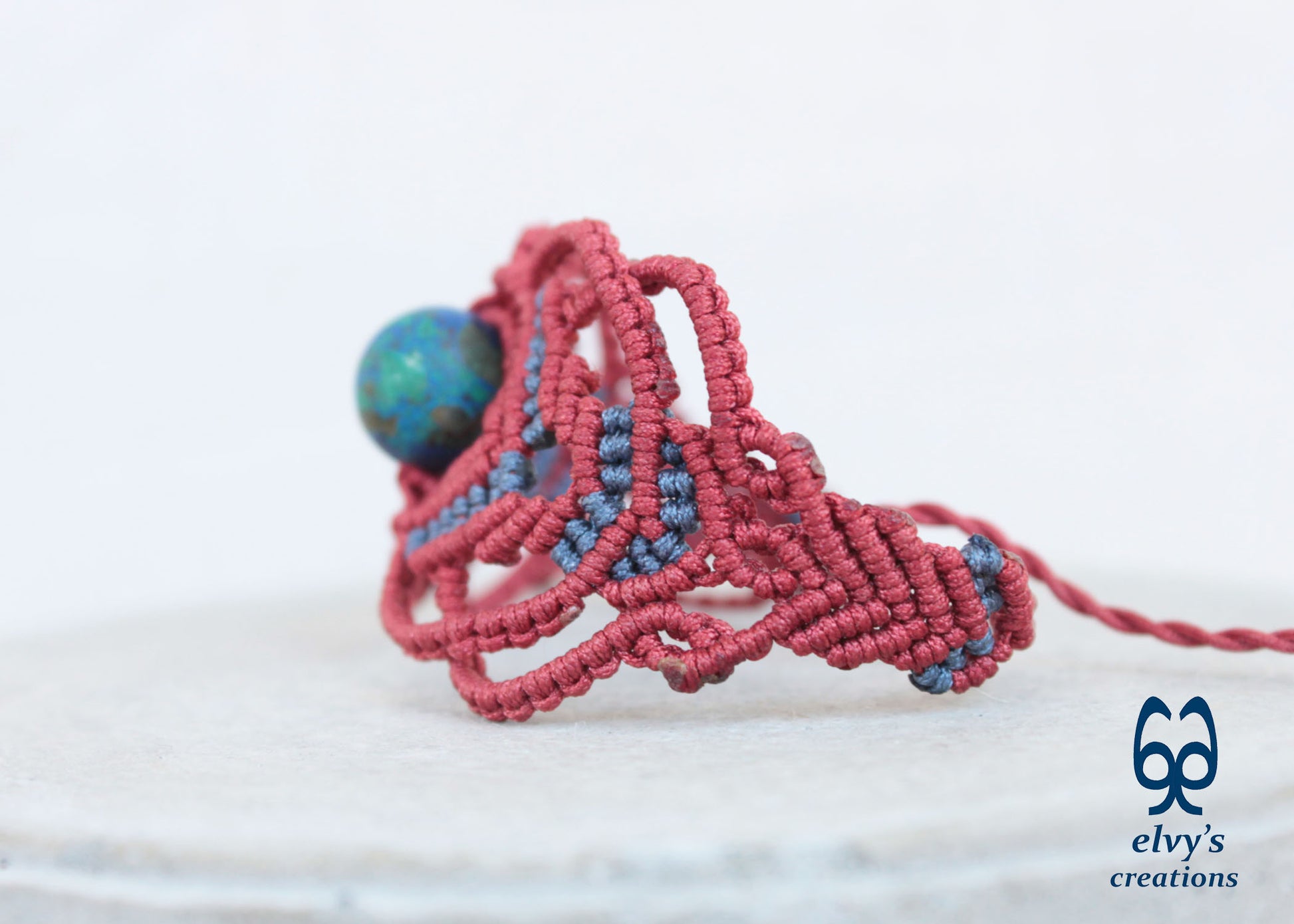 Red Macrame Bracelet with Blue Azurite Gemstone Boho Macrame Adjustable Bracelet