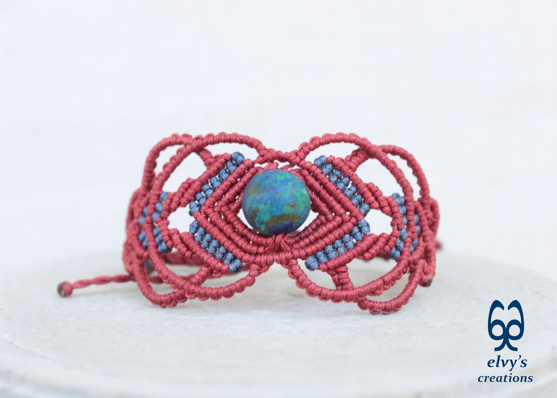 Red Macrame Bracelet with Blue Azurite Gemstone Boho Macrame Adjustable Bracelet