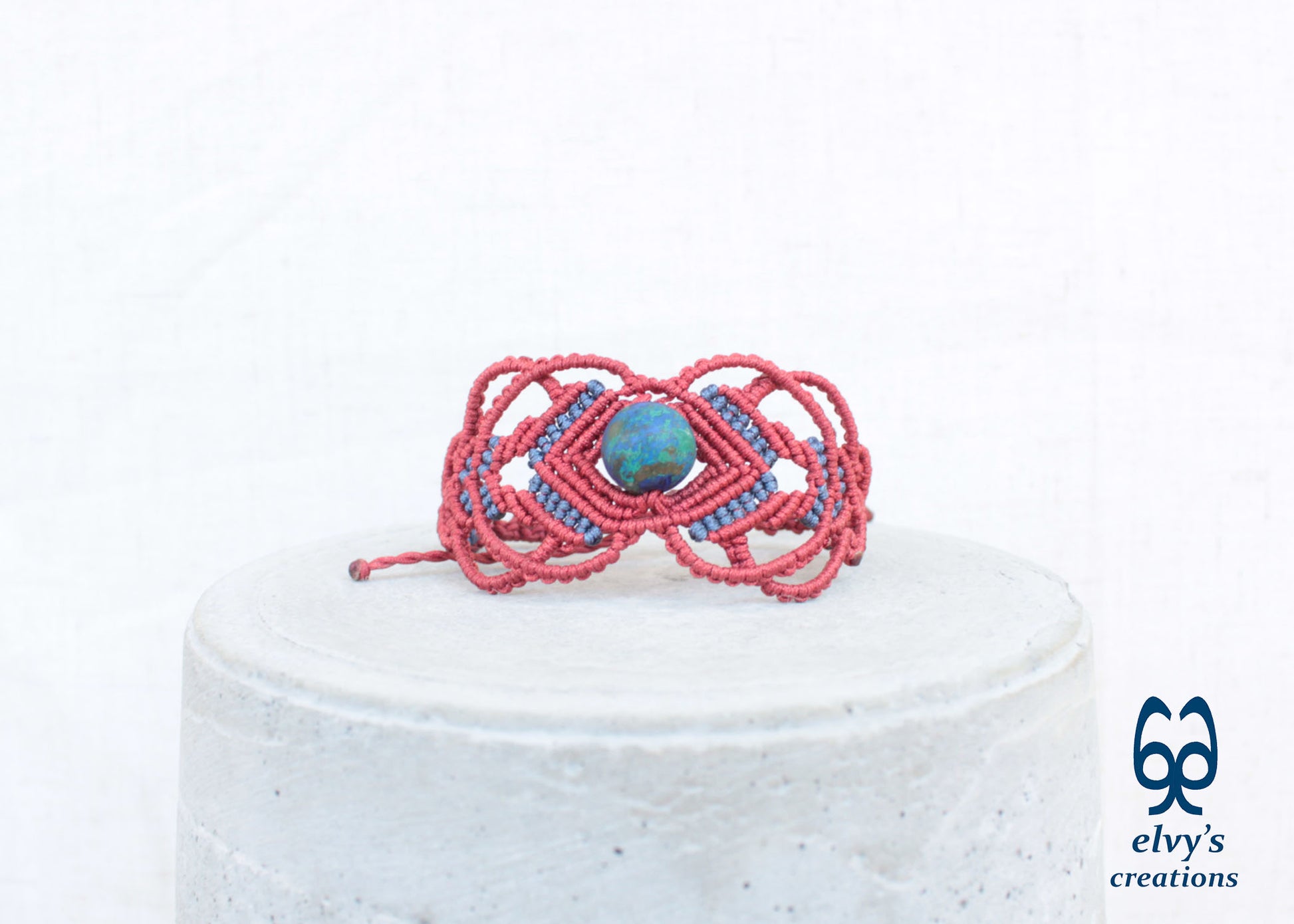 Red Macrame Bracelet with Blue Azurite Gemstone Boho Macrame Adjustable Bracelet