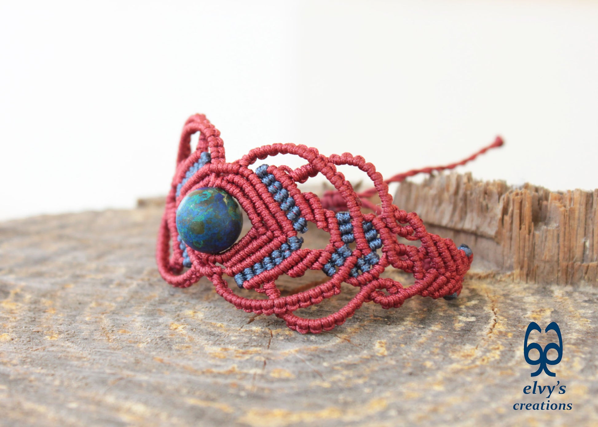 Red Macrame Bracelet with Blue Azurite Gemstone Boho Macrame Adjustable Bracelet