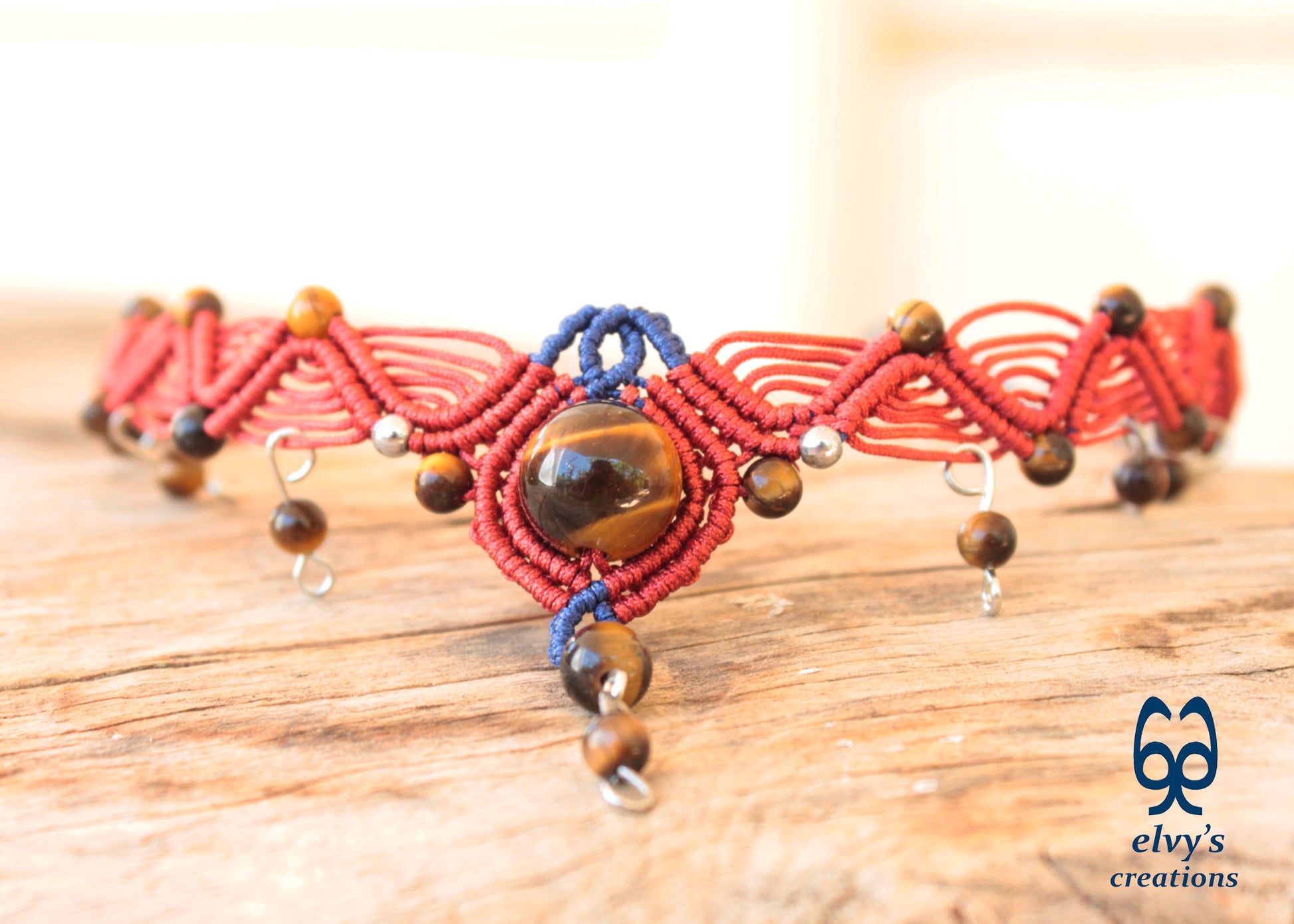 Red Macrame Necklace with Tiger Eye Gemstones Blue Adjustable Choker