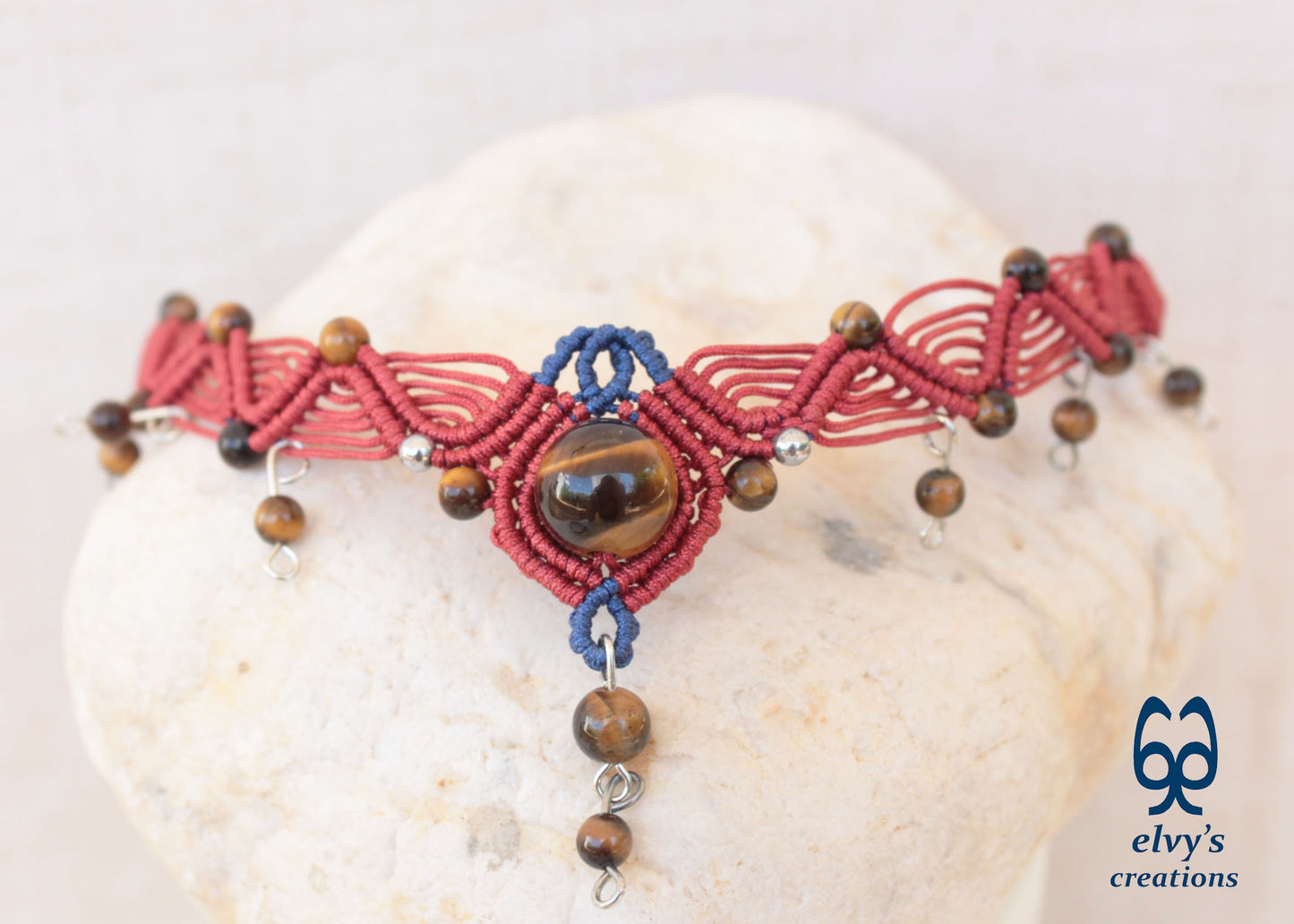 Red Macrame Necklace with Tiger Eye Gemstones Blue Adjustable Choker