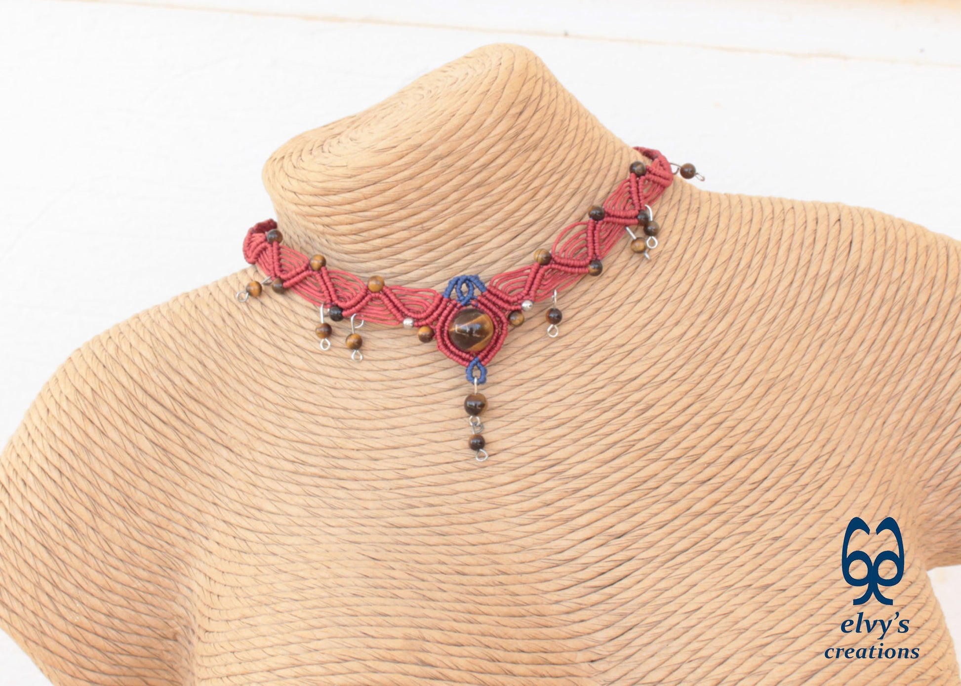 Red Macrame Necklace with Tiger Eye Gemstones Blue Adjustable Choker