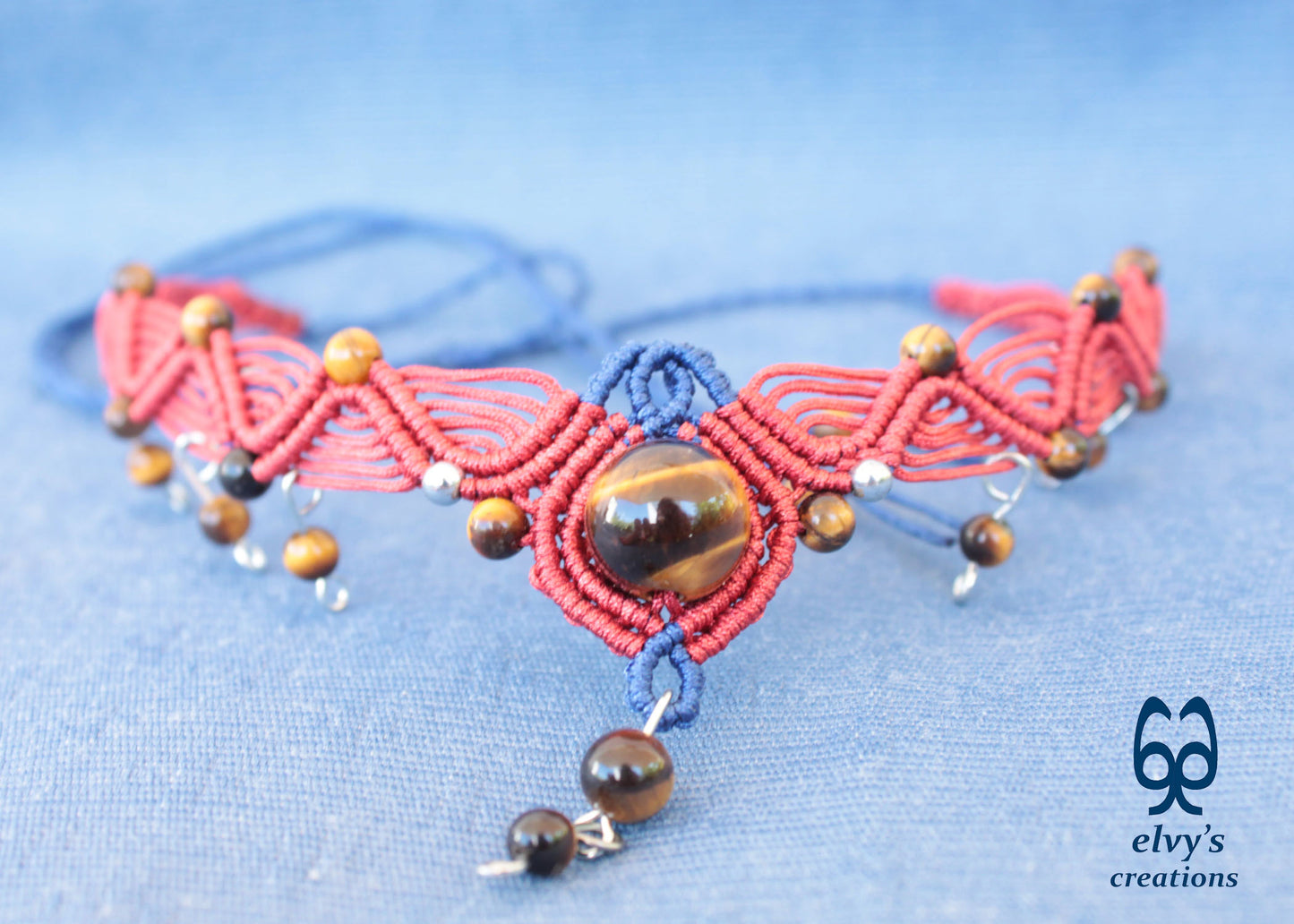 Red Macrame Necklace with Tiger Eye Gemstones Blue Adjustable Choker