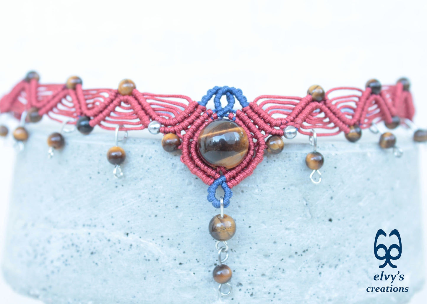 Red Macrame Necklace with Tiger Eye Gemstones Blue Adjustable Choker