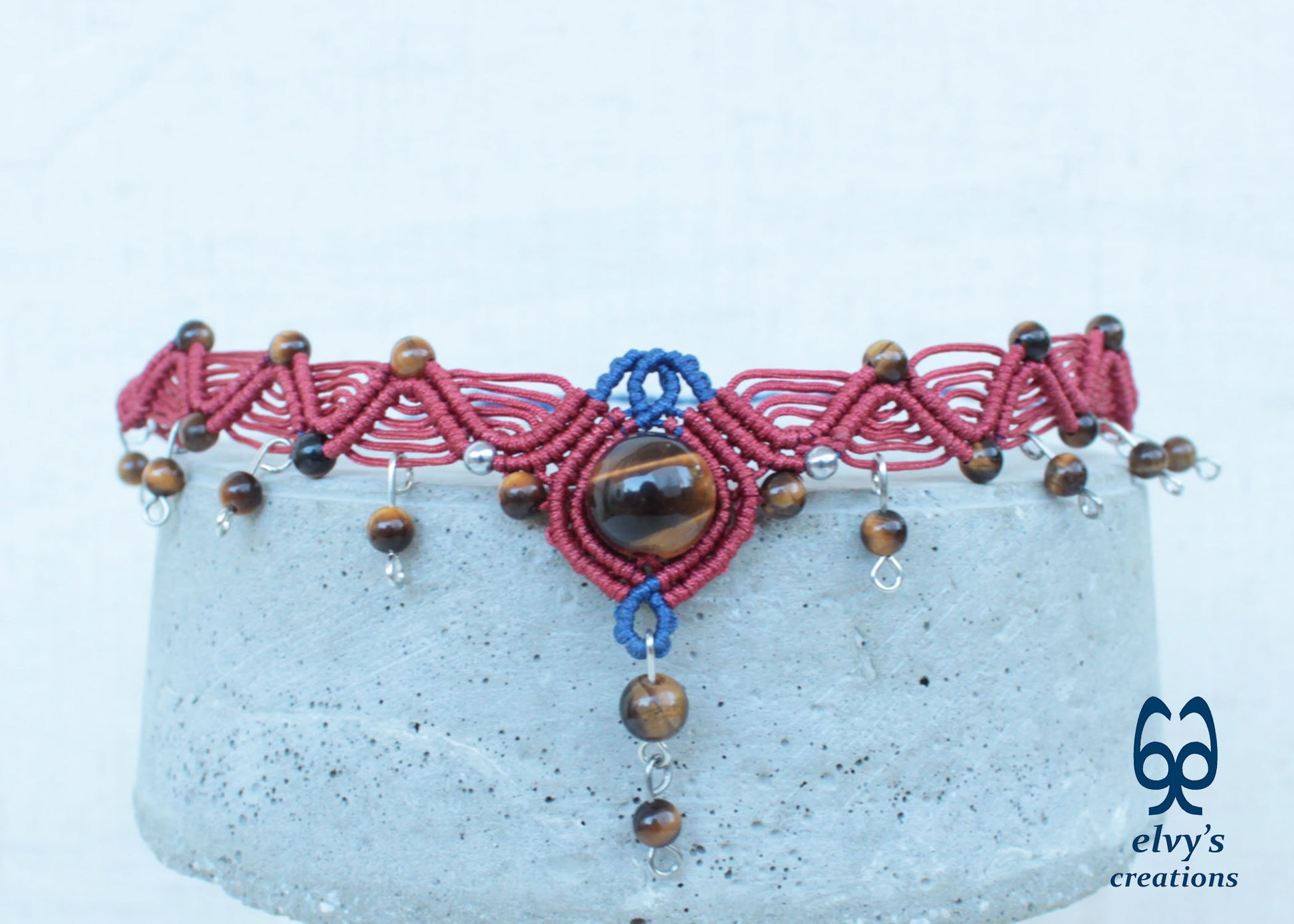 Red Macrame Necklace with Tiger Eye Gemstones Blue Adjustable Choker