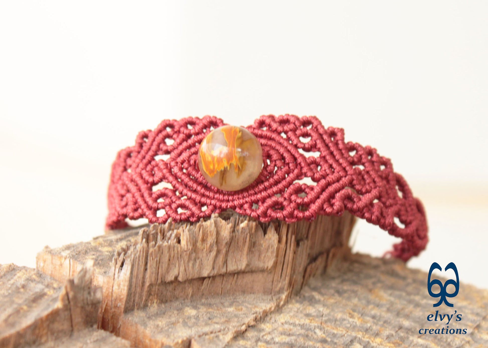 Red Macrame Bracelet with Crystal Quartz Gemstone, Handmade Unique Birthday Gift for Women