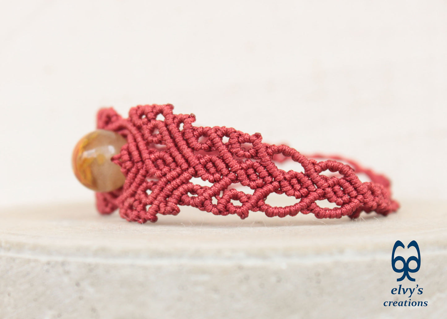 Red Macrame Bracelet with Crystal Quartz Gemstone, Handmade Unique Birthday Gift for Women