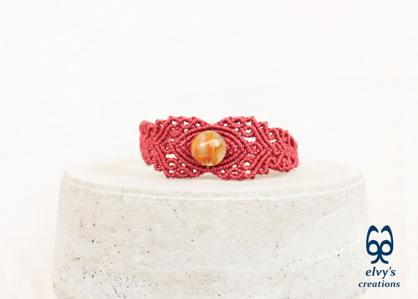 Red Macrame Bracelet with Crystal Quartz Gemstone, Handmade Unique Birthday Gift for Women