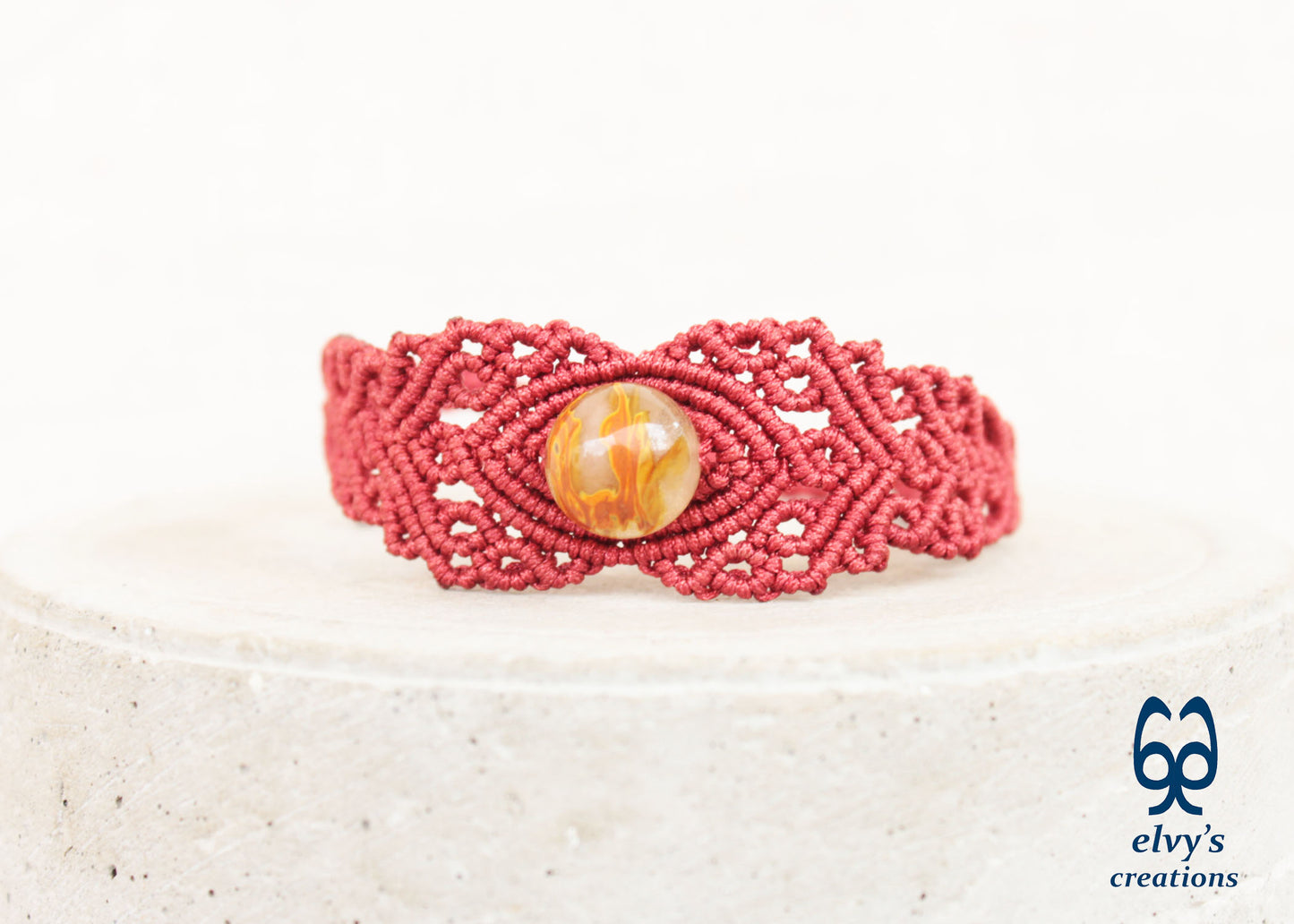 Red Macrame Bracelet with Crystal Quartz Gemstone, Handmade Unique Birthday Gift for Women