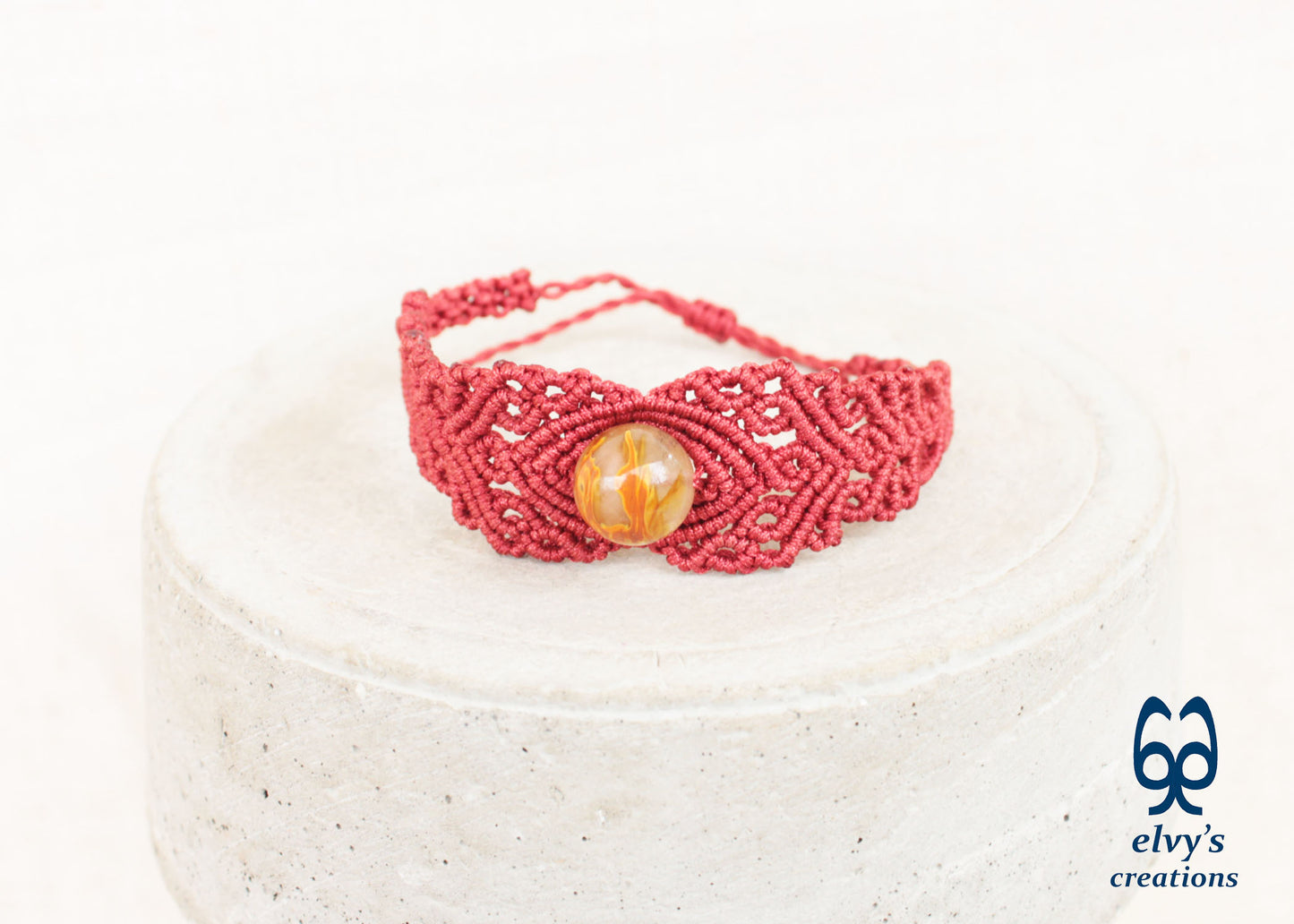 Red Macrame Bracelet with Crystal Quartz Gemstone, Handmade Unique Birthday Gift for Women