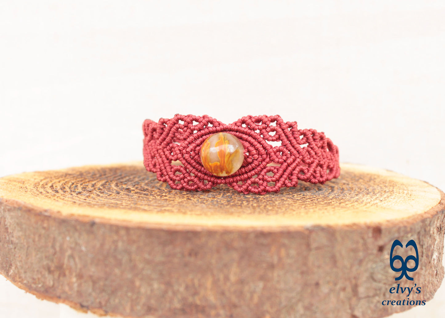 Red Macrame Bracelet with Crystal Quartz Gemstone, Handmade Unique Birthday Gift for Women