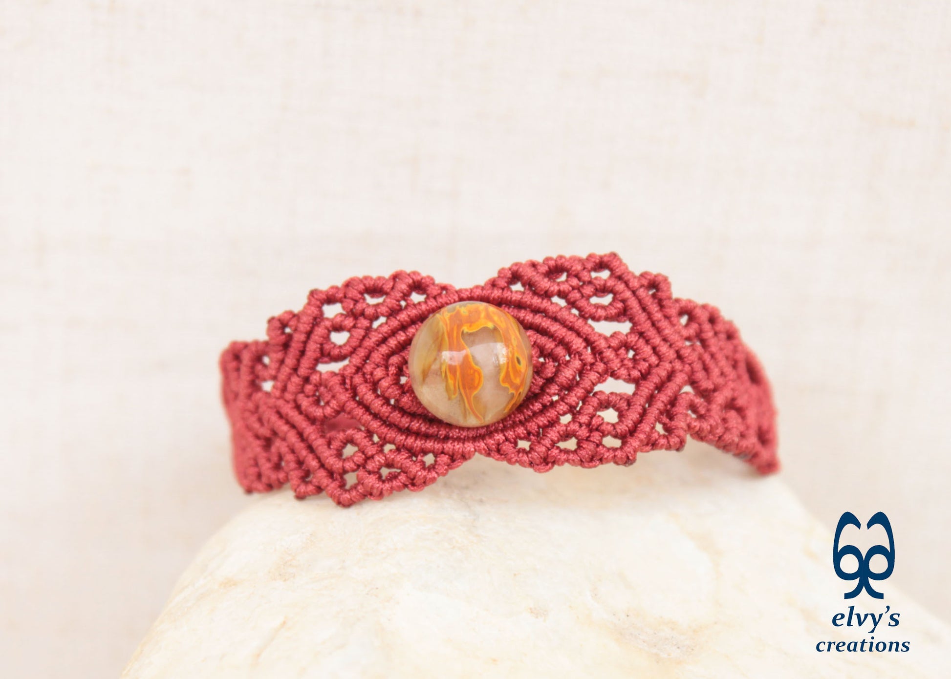 Red Macrame Bracelet with Crystal Quartz Gemstone, Handmade Unique Birthday Gift for Women