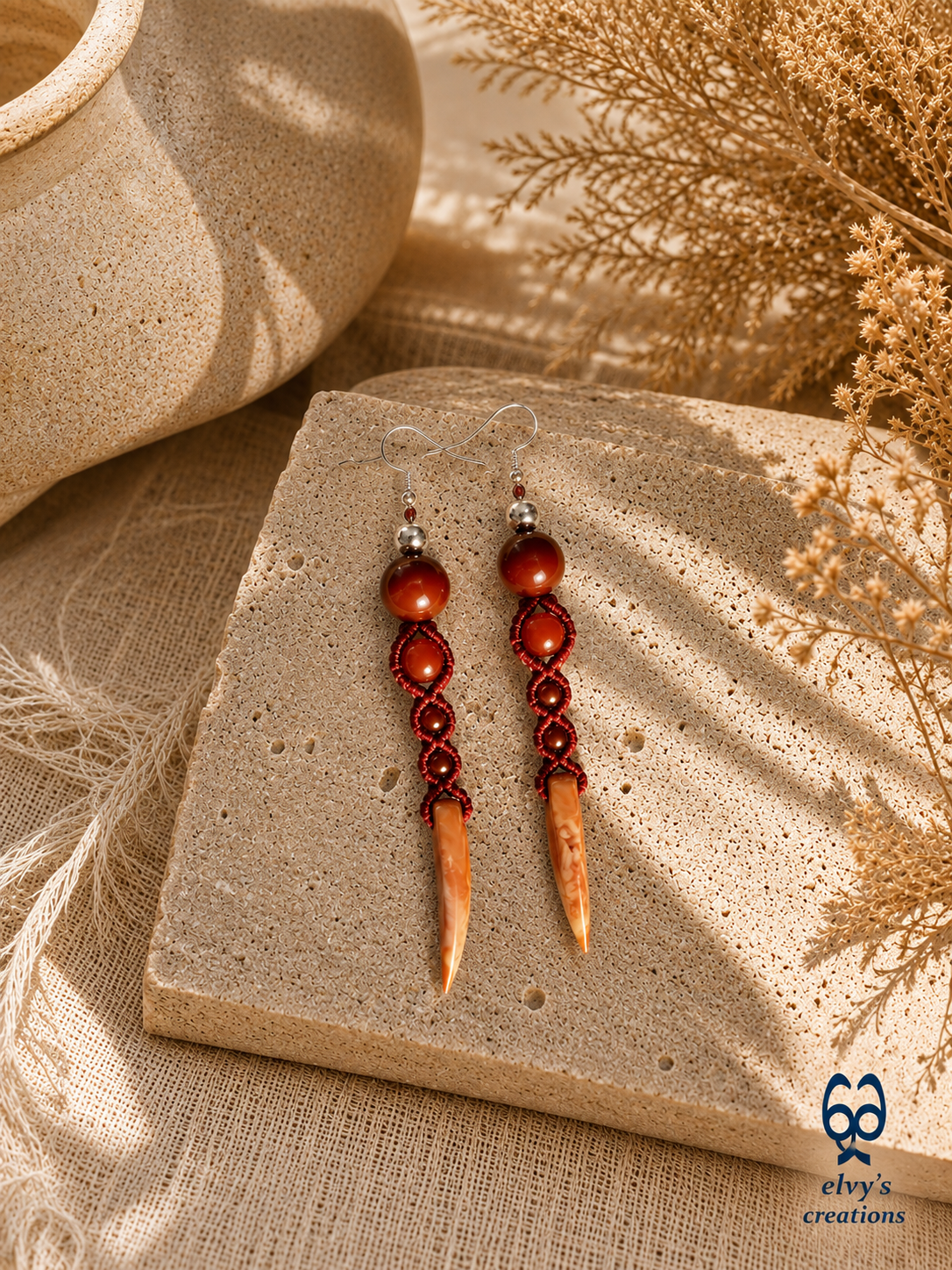 Macrame Beaded Earrings, Silver Gemstone Dangle Earrings,Birthday Gift for Women