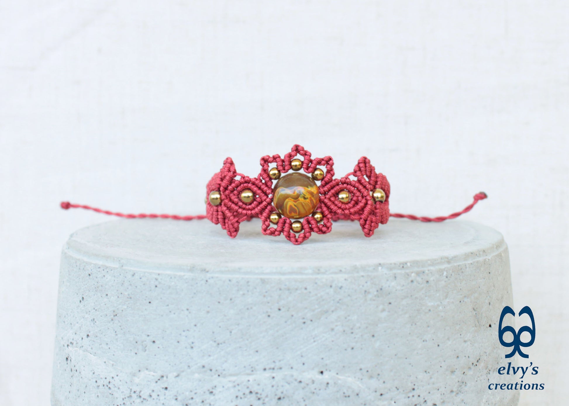 Red and Gold Macrame Bracelet with Quartz Red Adjustable Boho Bracelet