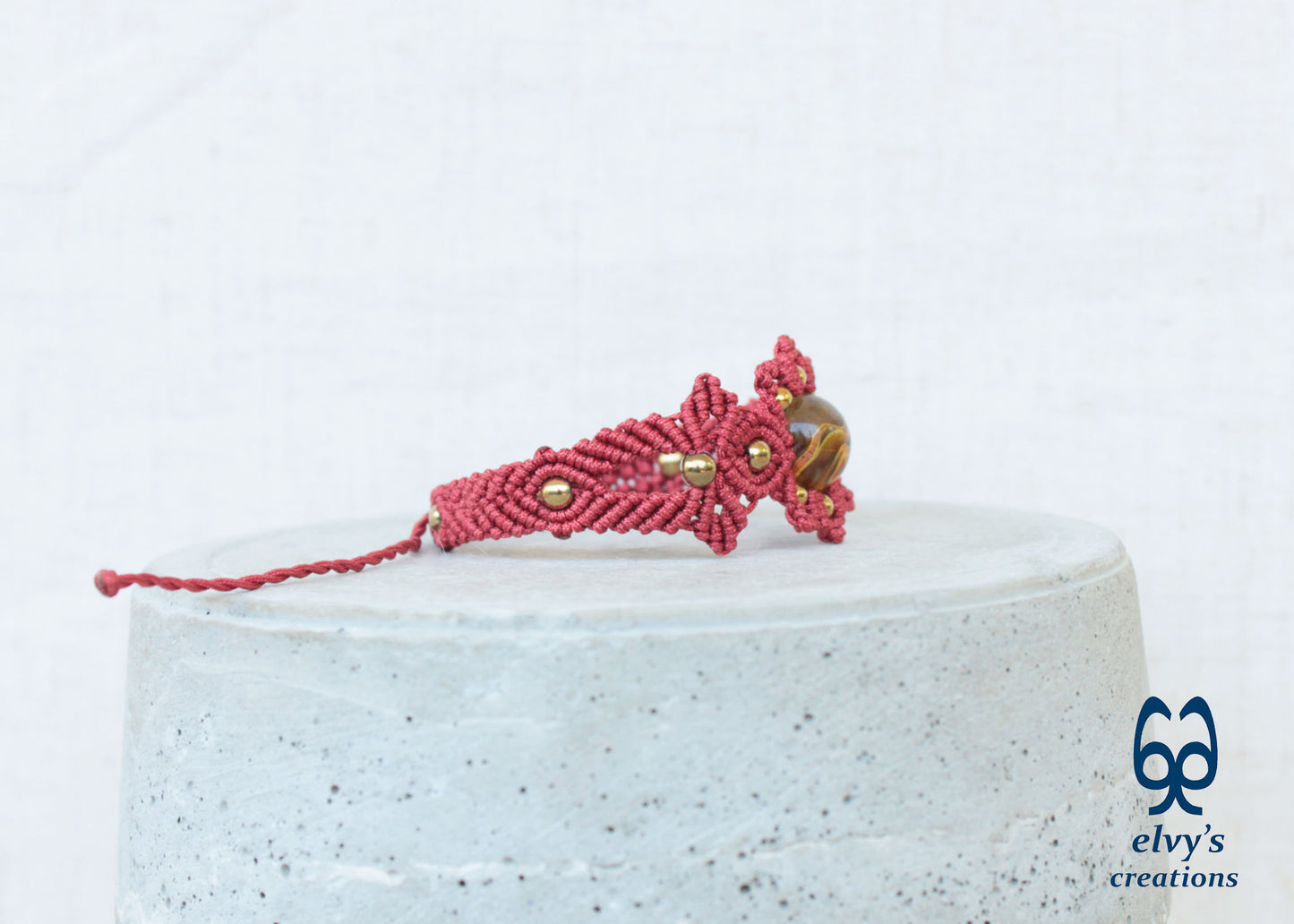 Red and Gold Macrame Bracelet with Quartz Red Adjustable Boho Bracelet