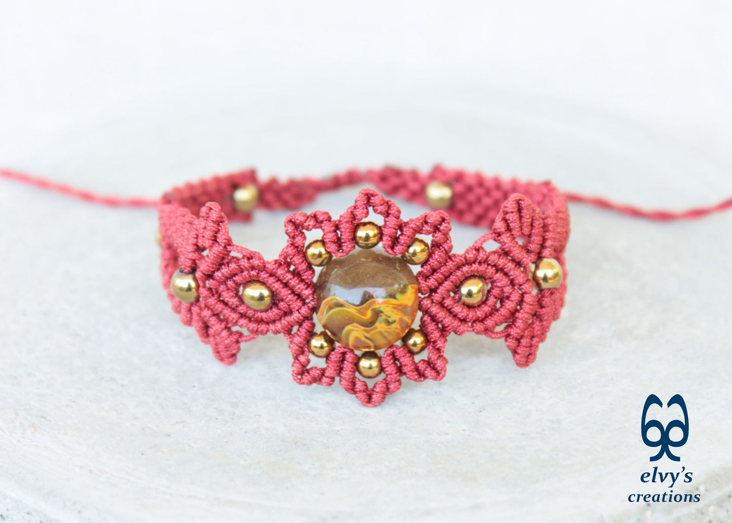 Red and Gold Macrame Bracelet with Quartz Red Adjustable Boho Bracelet