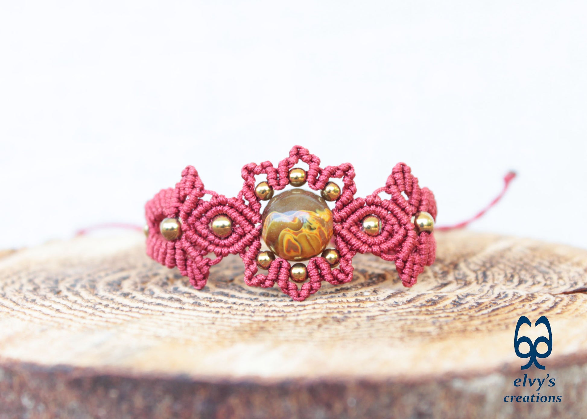 Red and Gold Macrame Bracelet with Quartz Red Adjustable Boho Bracelet