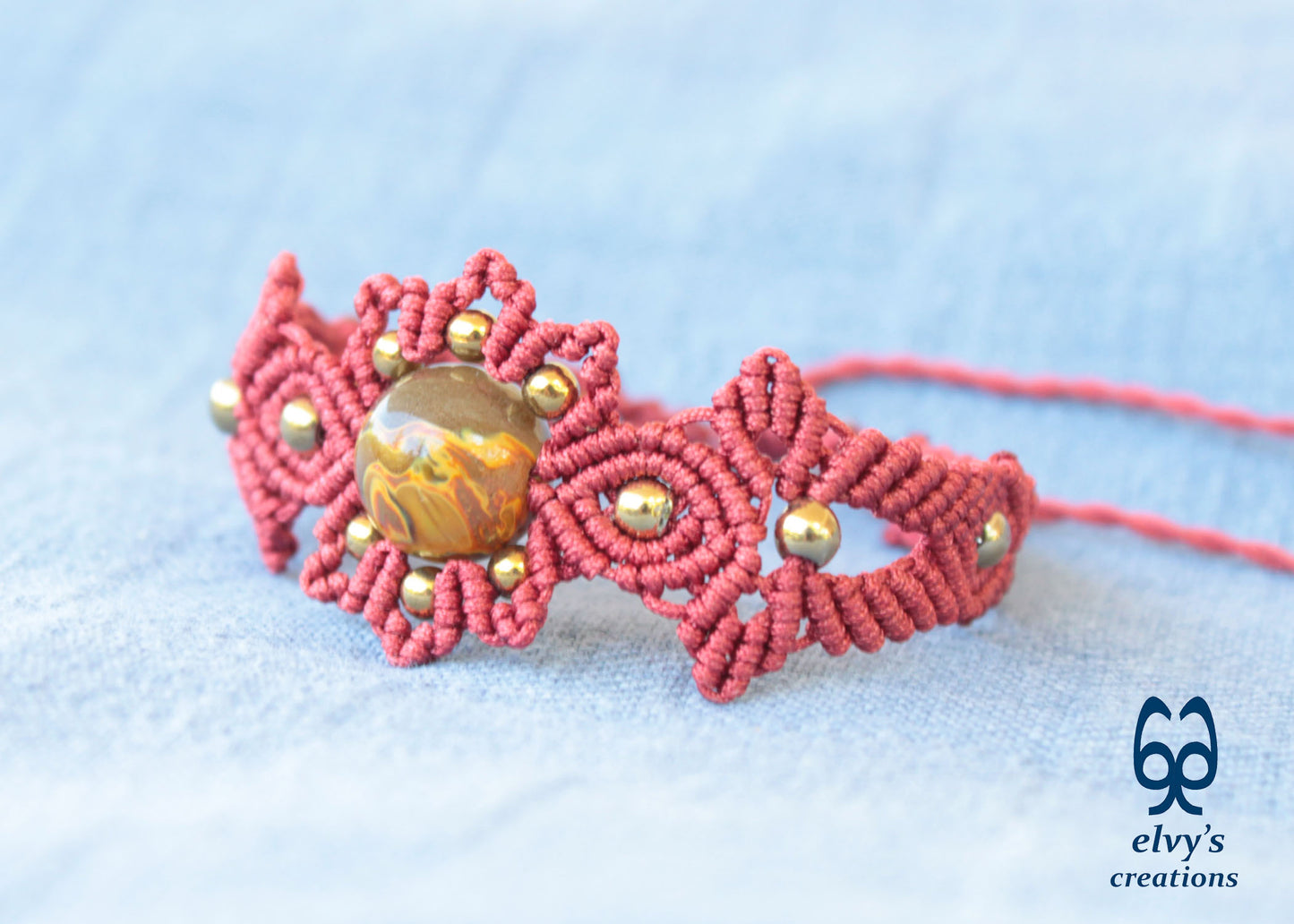 Red and Gold Macrame Bracelet with Quartz Red Adjustable Boho Bracelet