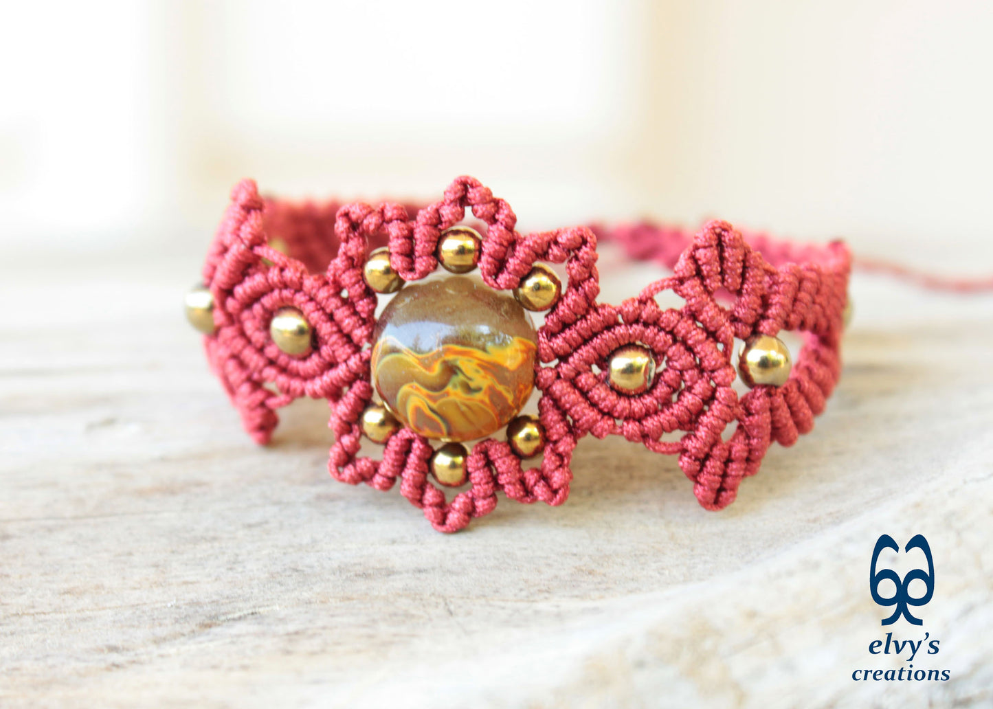 Red and Gold Macrame Bracelet with Quartz Red Adjustable Boho Bracelet